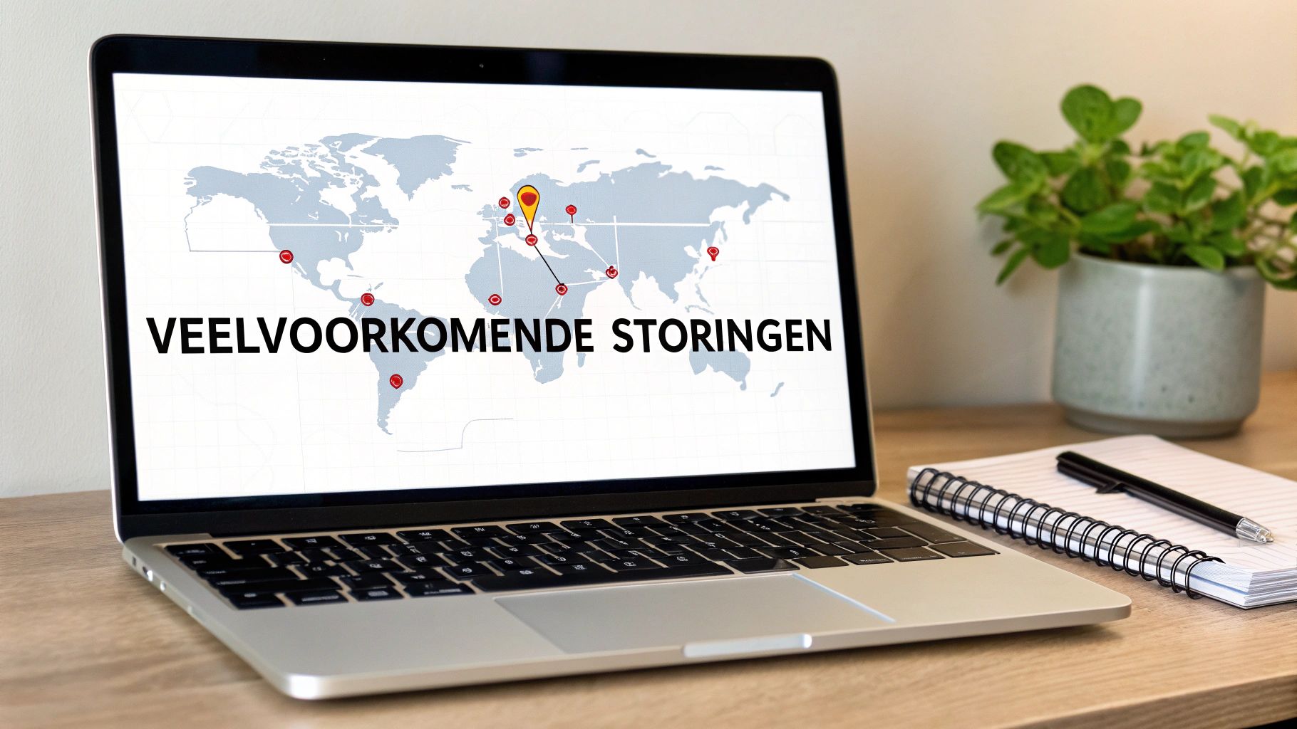 Een laptop toont een wereldkaart met pinlocaties en de tekst 'Veelvoorkomende storingen' op een bureau.