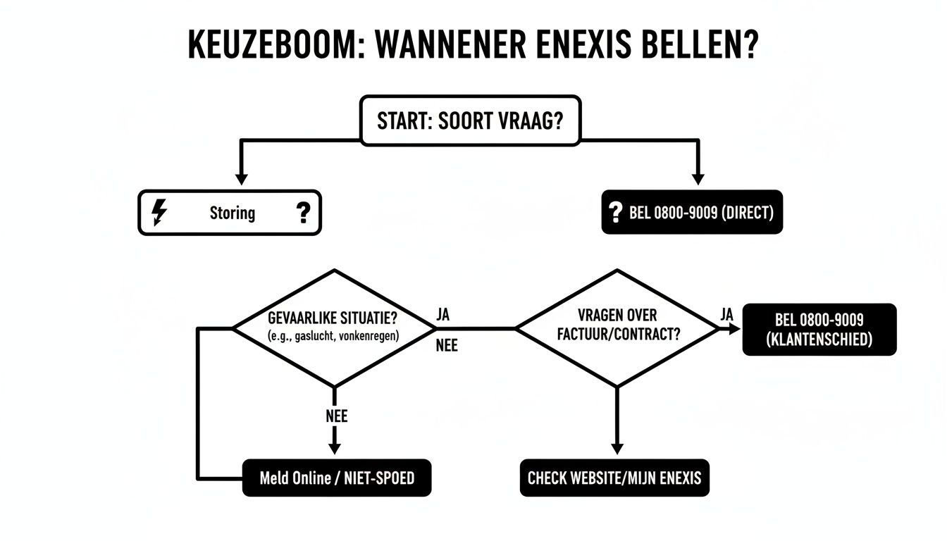 Stroomschema van Enexis met een beslisboom over wanneer je contact moet opnemen voor storingen of vragen.