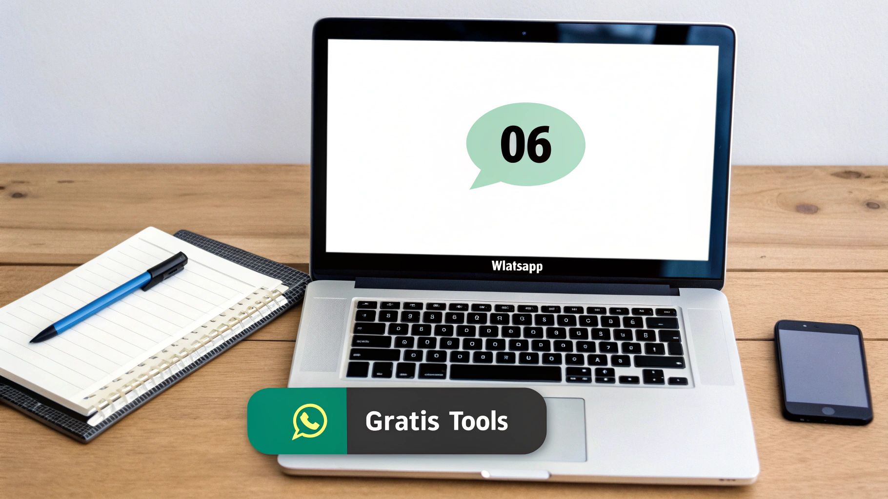 Een laptop op een houten bureau met een notitieboekje, pen en smartphone. Het scherm toont '06' en 'Wlatsapp'.