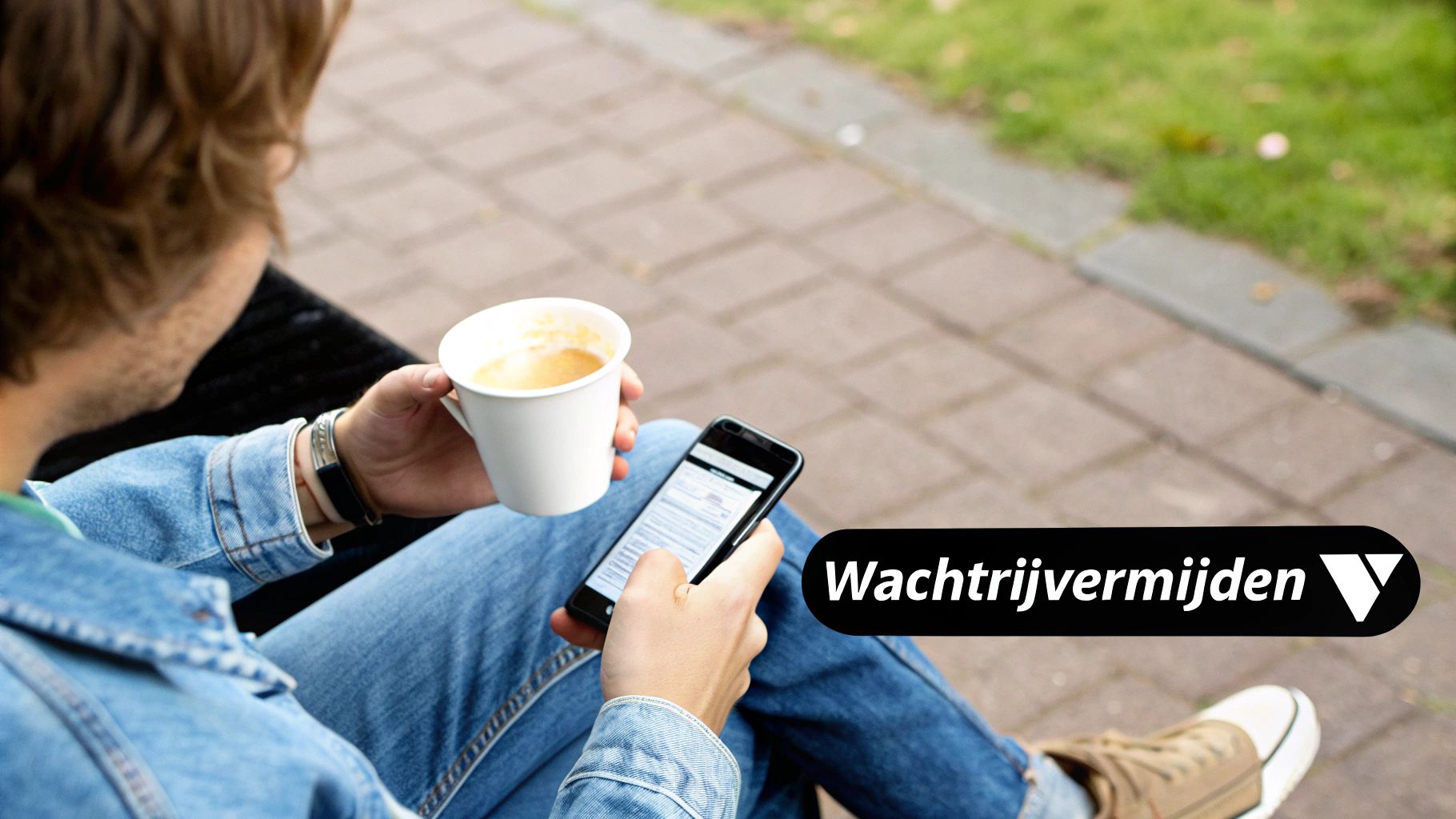 Een man bekijkt tevreden zijn telefoon terwijl hij niet in de wacht staat.