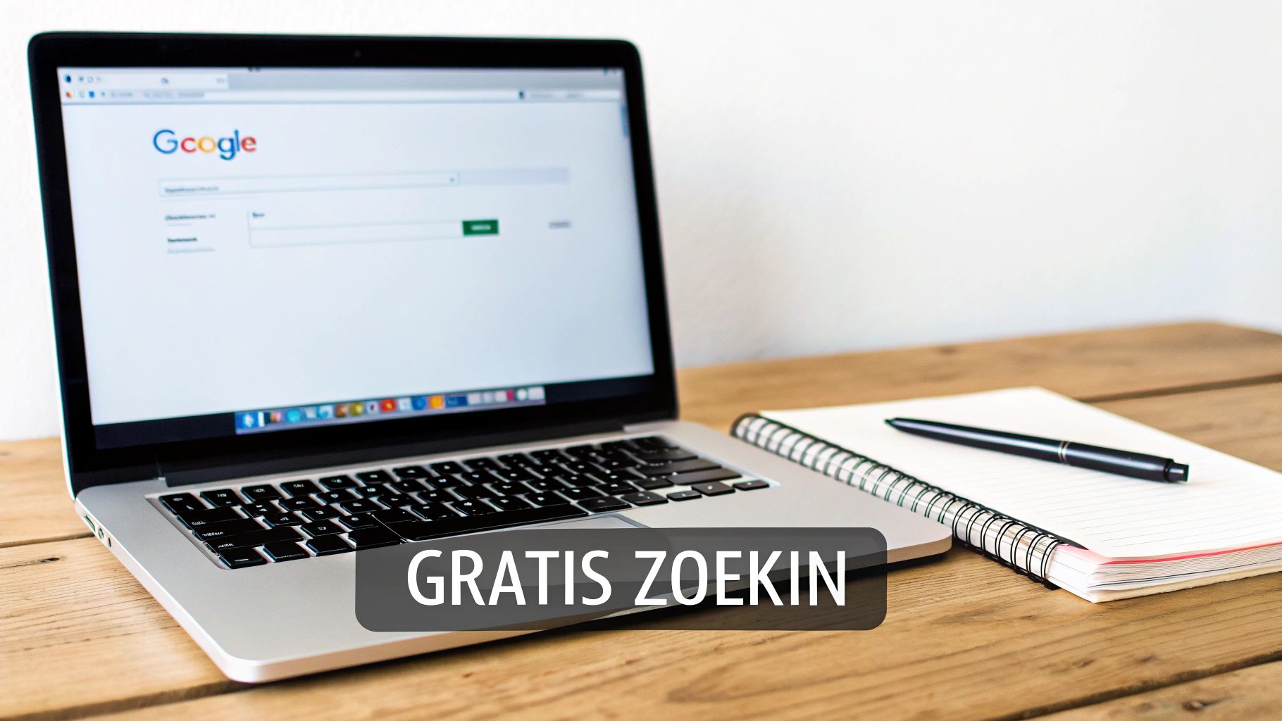 Laptop met Google zoekpagina en notitieboek met pen op een houten tafel. Gratis zoeken online.