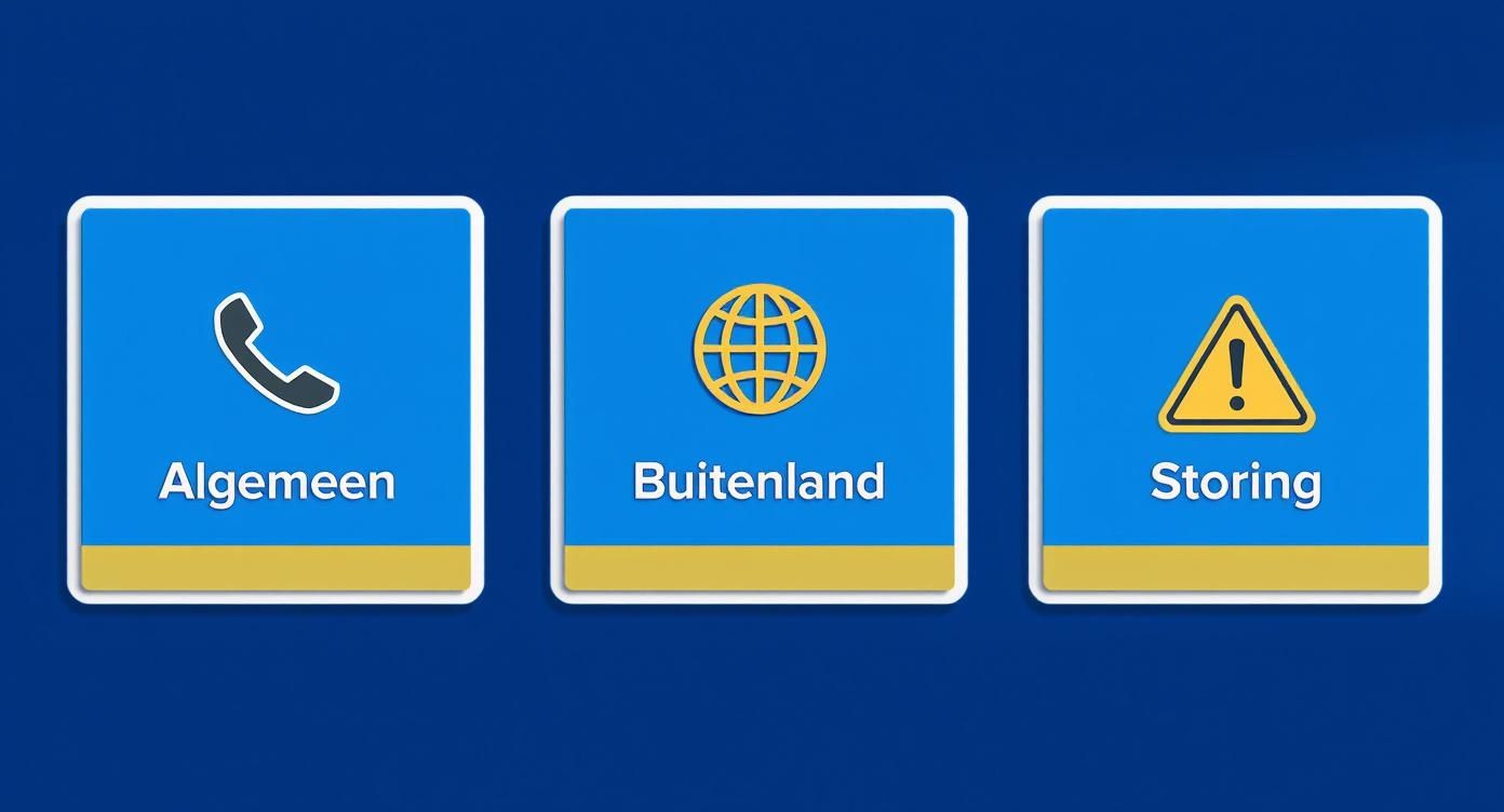Drie blauwe tegels met pictogrammen en tekst: telefoon voor algemeen, wereldbol voor buitenland en waarschuwing voor storing.