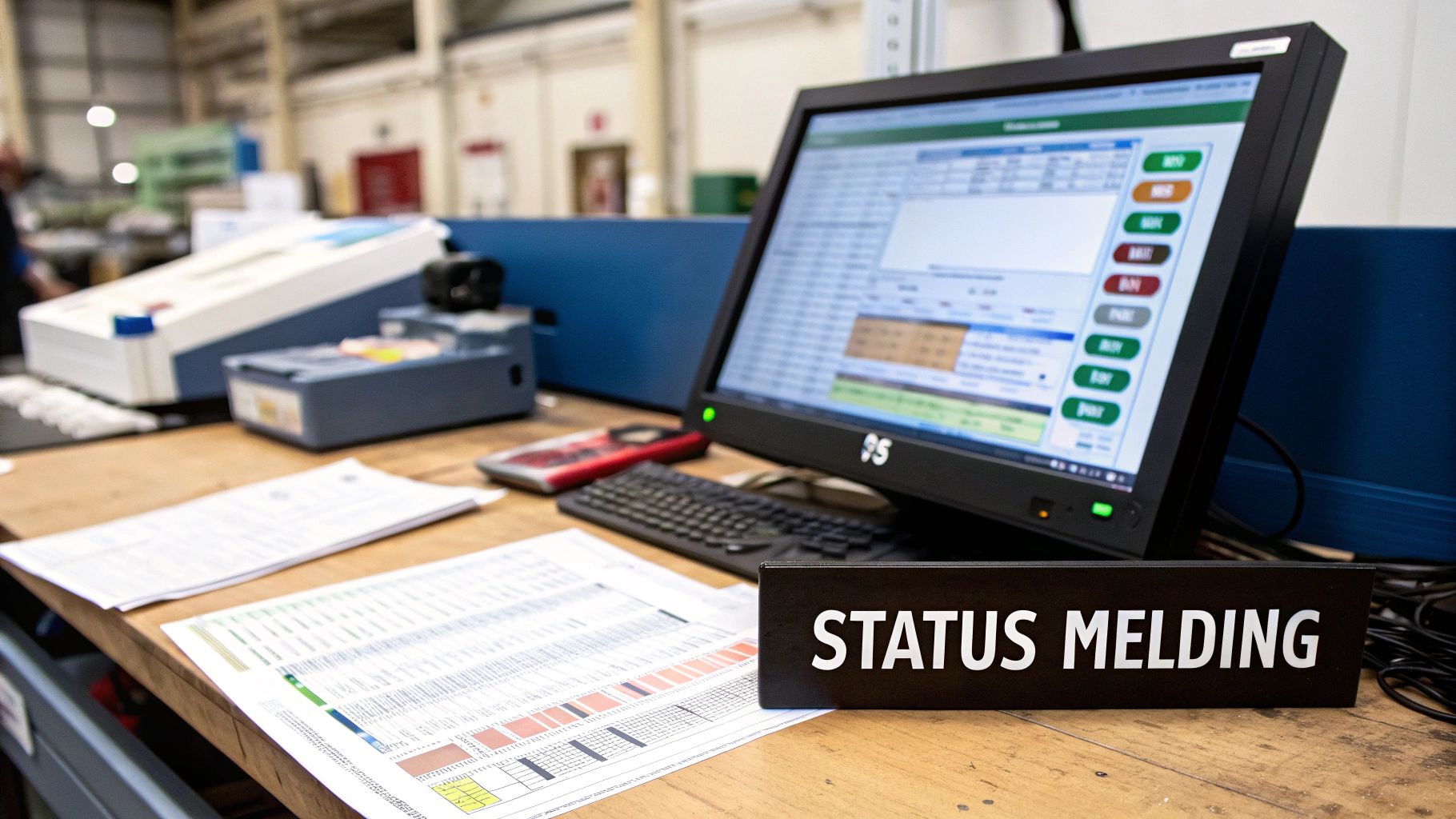 Bureau met computerscherm, papieren en een bordje 'STATUS MELDING' in een werkruimte.