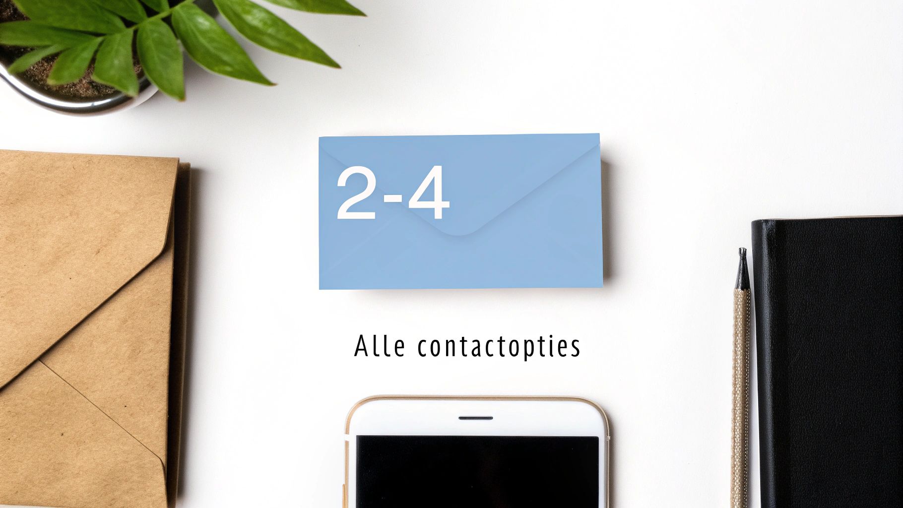 Een bureau met een groene plant, stapel bruine enveloppen, een blauwe envelop met '2-4', een smartphone en notitieboekje. Onderschrift: 'Alle contactopties'.