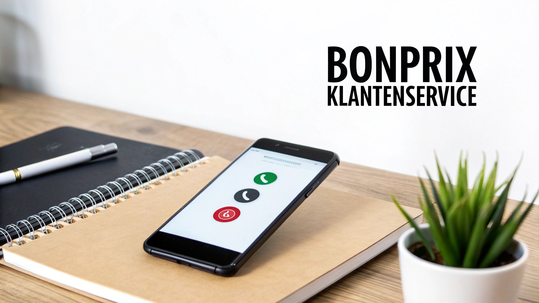 Smartphone op een bureau met bellen-opties en 'Bonprix Klantenservice' zichtbaar.