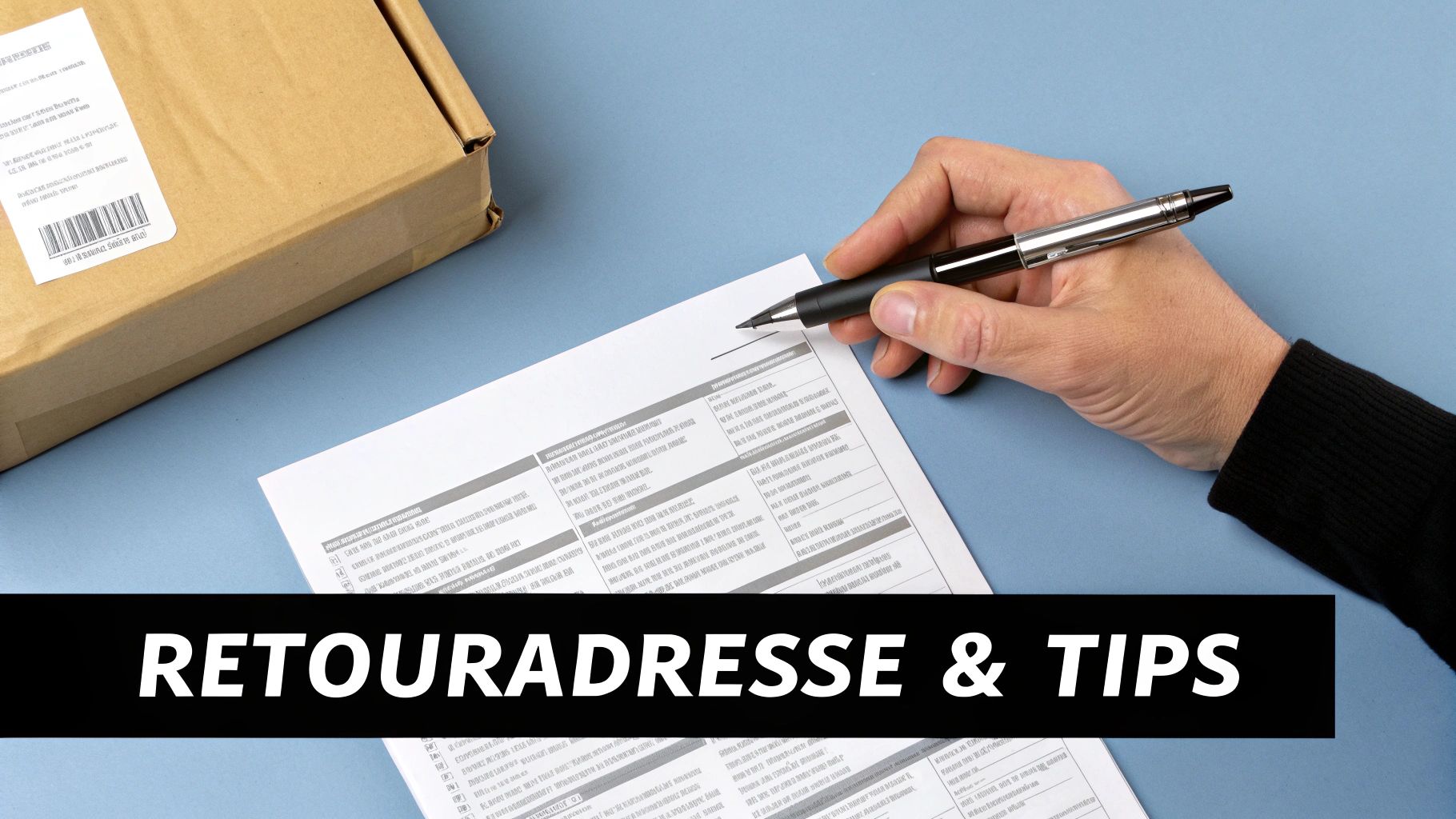 Een hand schrijft op een retourformulier met een pen, naast een verzenddoos, met de titel 'RETOURADRESSE & TIPS'.