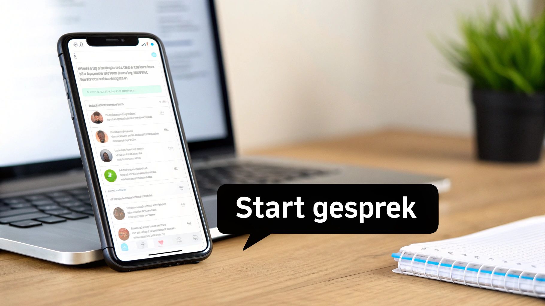 Smartphone met chat-app en een spraakballon 'Start gesprek' op een bureau met laptop en notitieboekje.