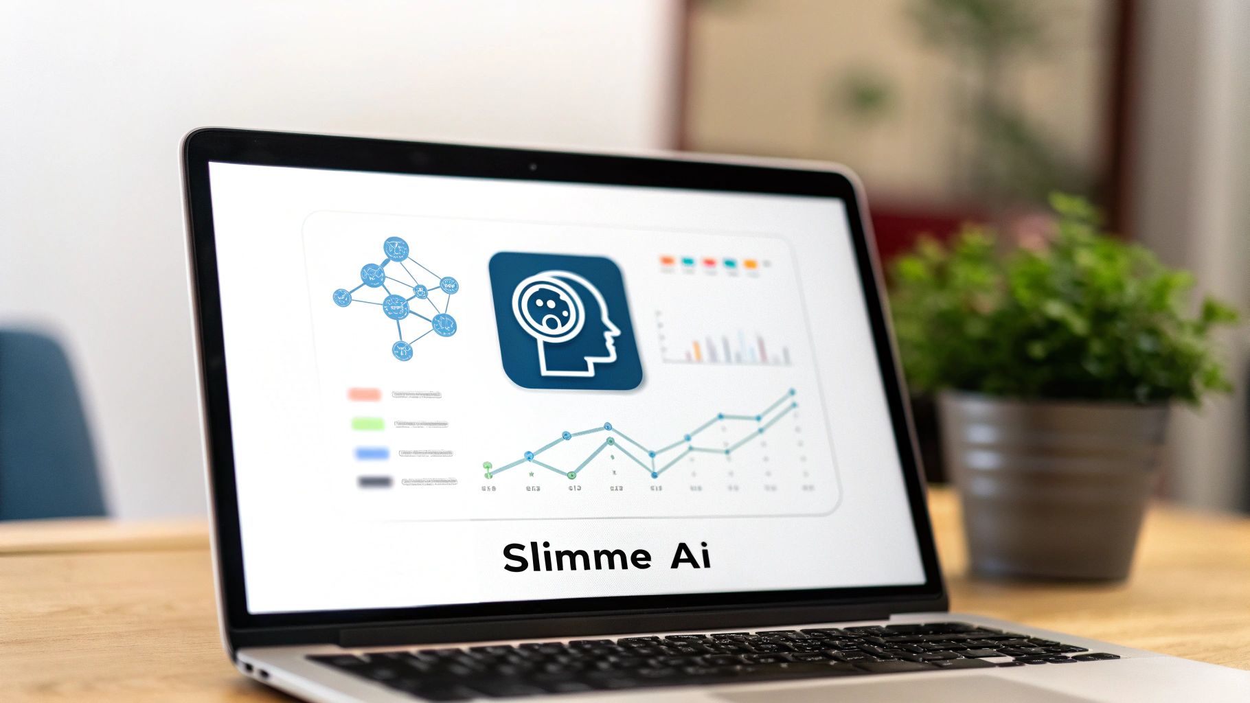 Een laptop toont het 'Slimme Ai'-scherm met een neuraal netwerk, een hoofd-icoon en grafieken. Een plant staat op de achtergrond.