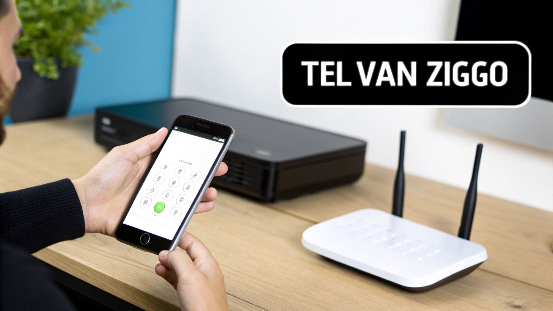 Persoon met smartphone, media box en Wi-Fi router op een bureau. Tekst: TEL VAN ZIGGO.