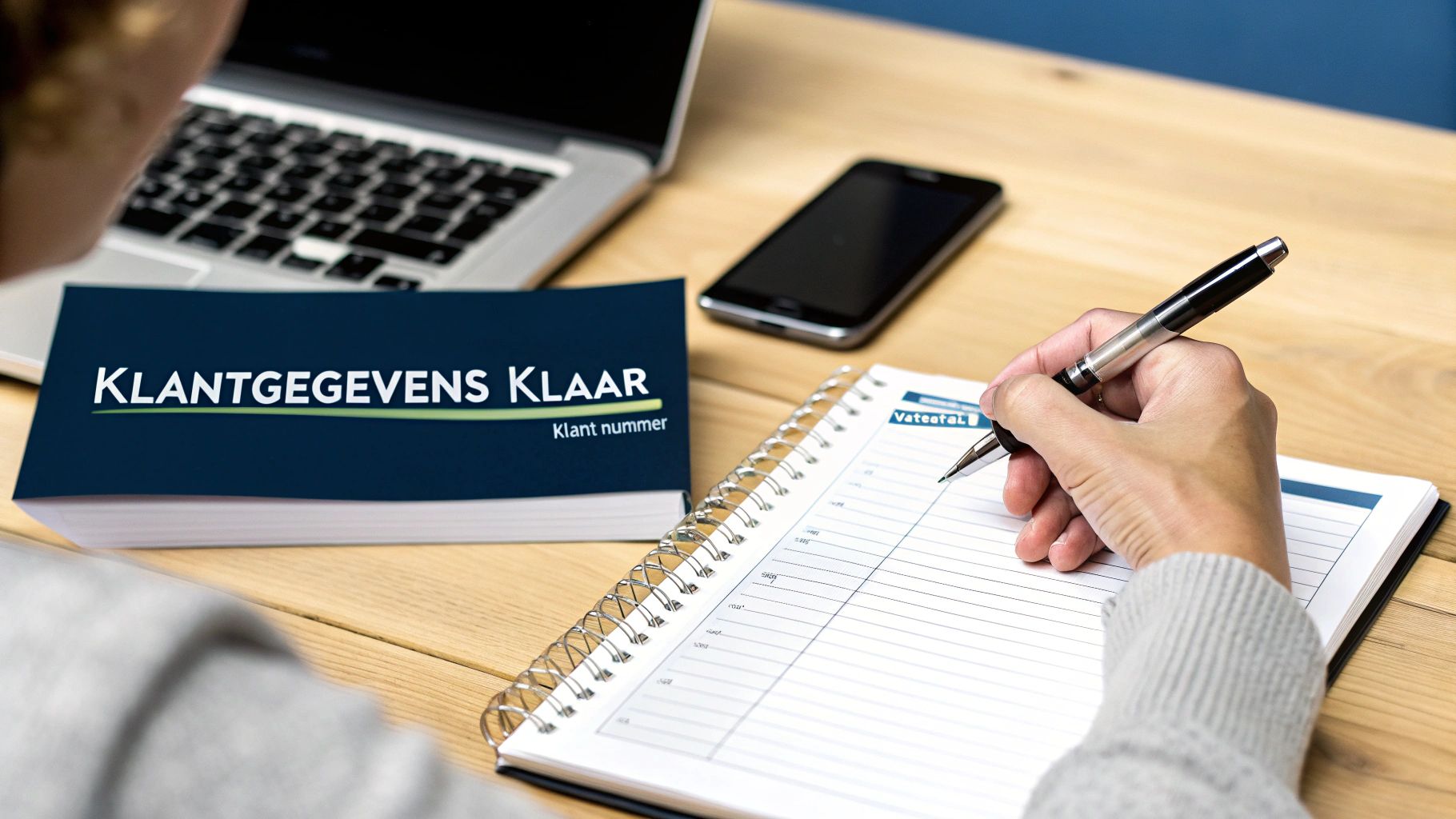 Een persoon schrijft in een notitieboek, met een boek over klantgegevens en een laptop op een houten bureau.