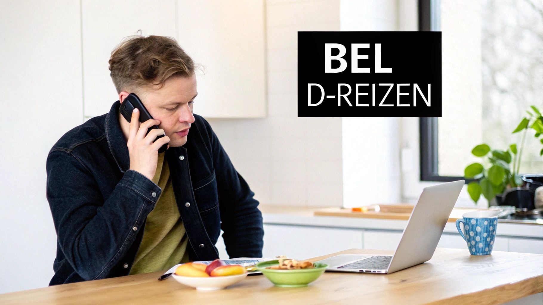 Reiziger die belt met klantenservice in een zonnige omgeving