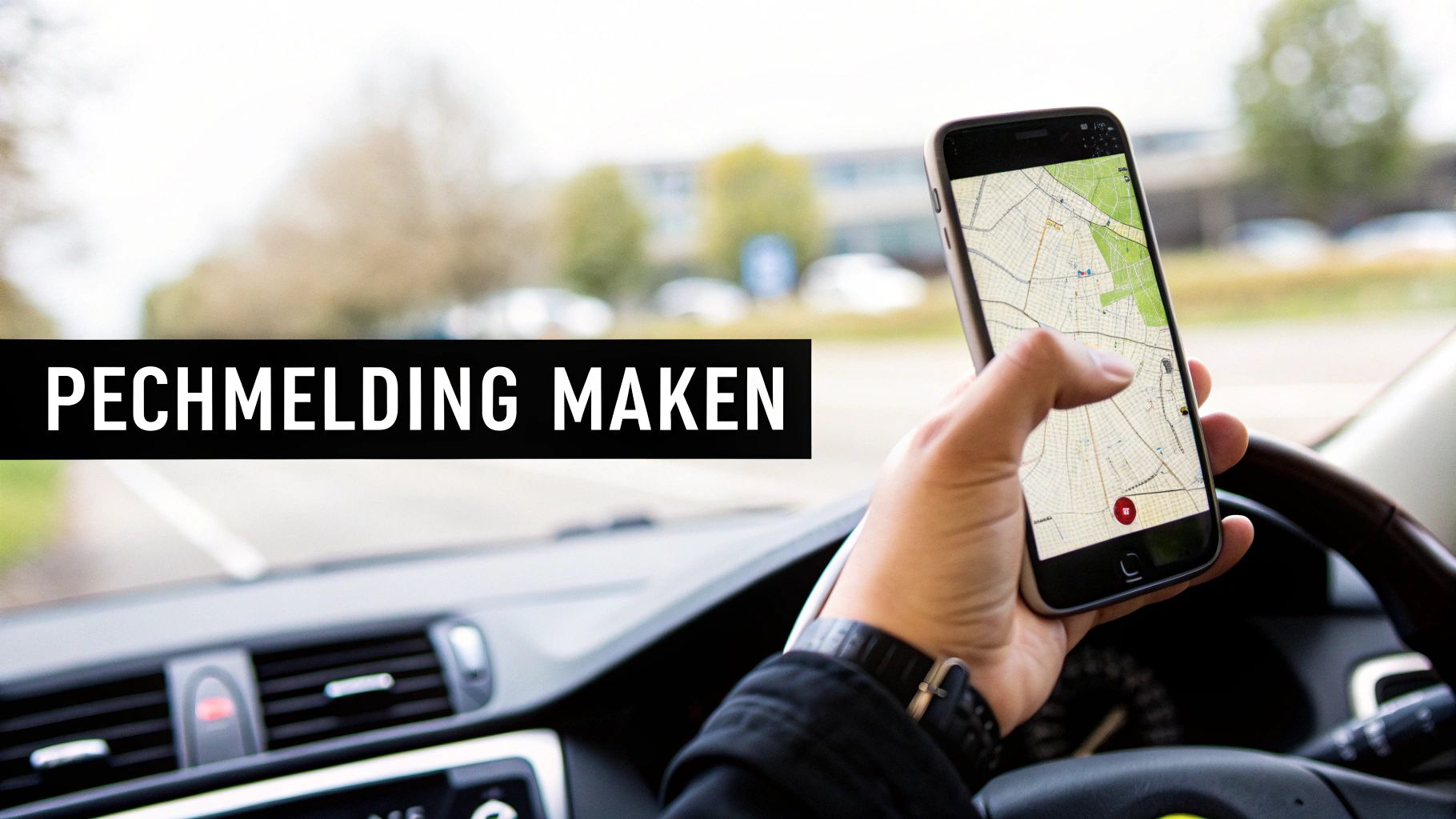 Een bestuurder in de auto bekijkt een kaart op zijn telefoon om een pechmelding te maken.