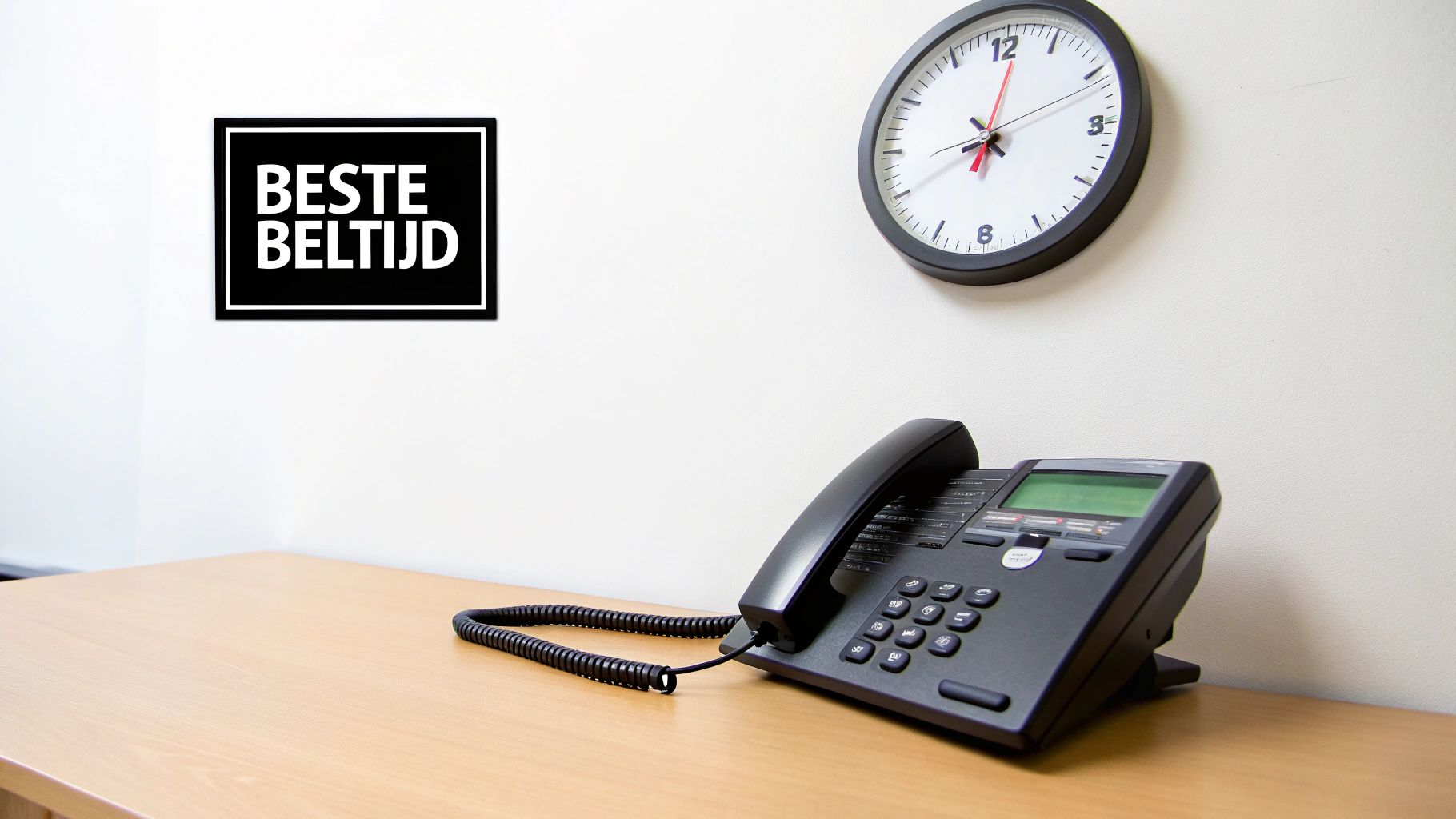 Een kantoorruimte met een zwarte kantoortelefoon, een wandklok en een bordje 'Beste Beltijd'.