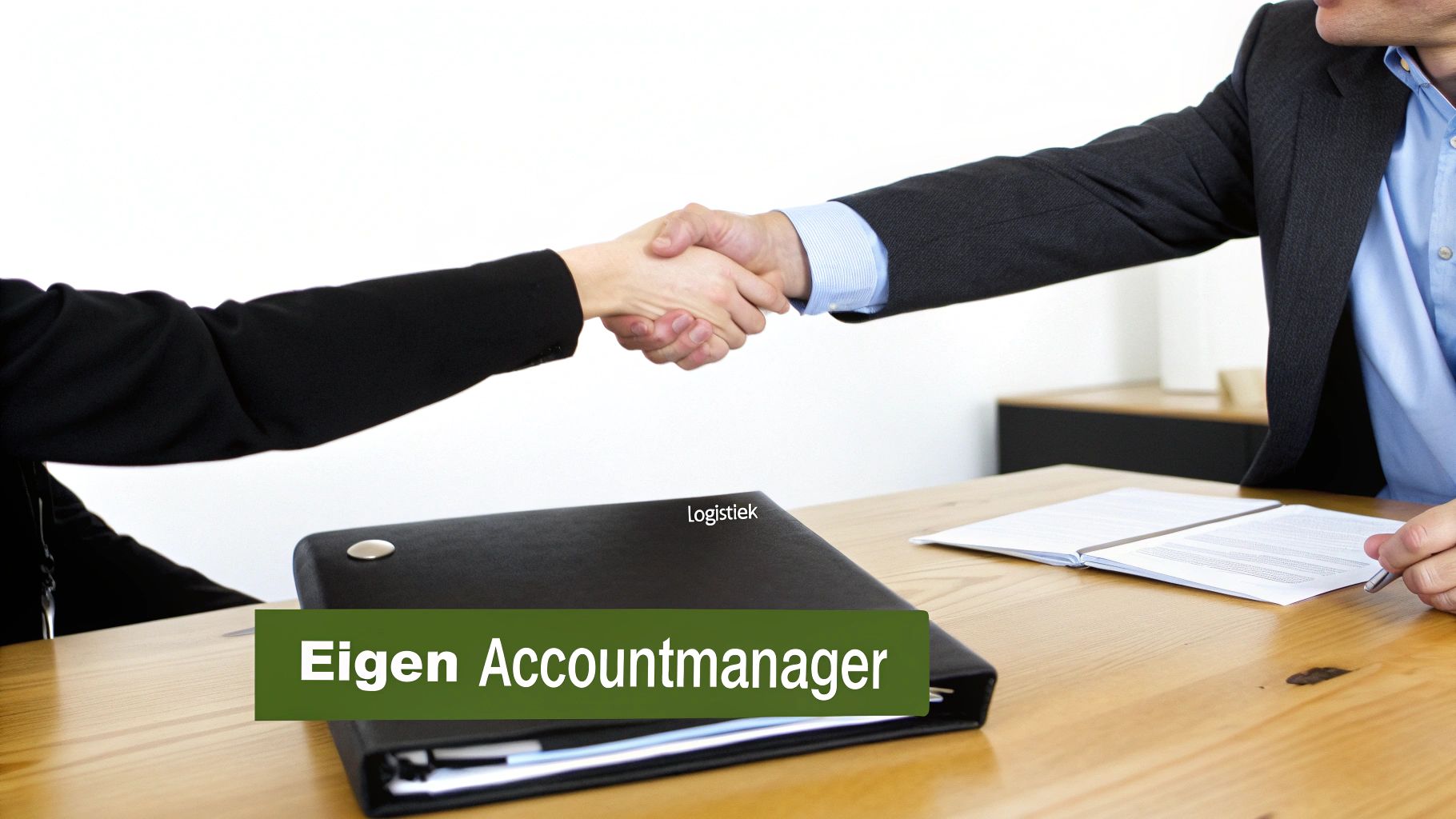 Een zakelijke accountmanager bespreekt logistieke oplossingen met een klant, wat de persoonlijke service van PostNL symboliseert.