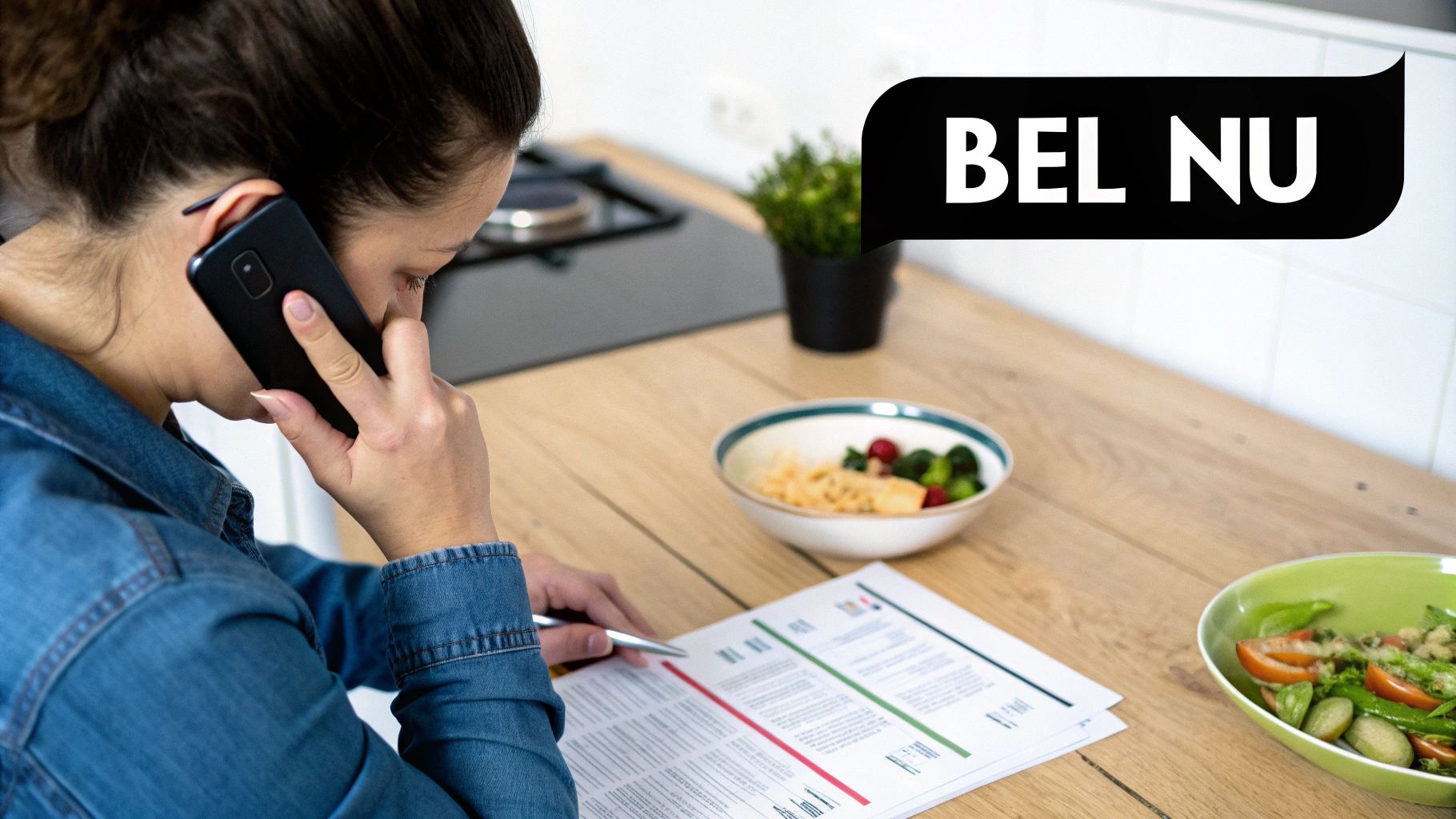 Een vrouw belt met een telefoon in een keuken, terwijl ze documenten leest. Tekstballon: BEL NU.