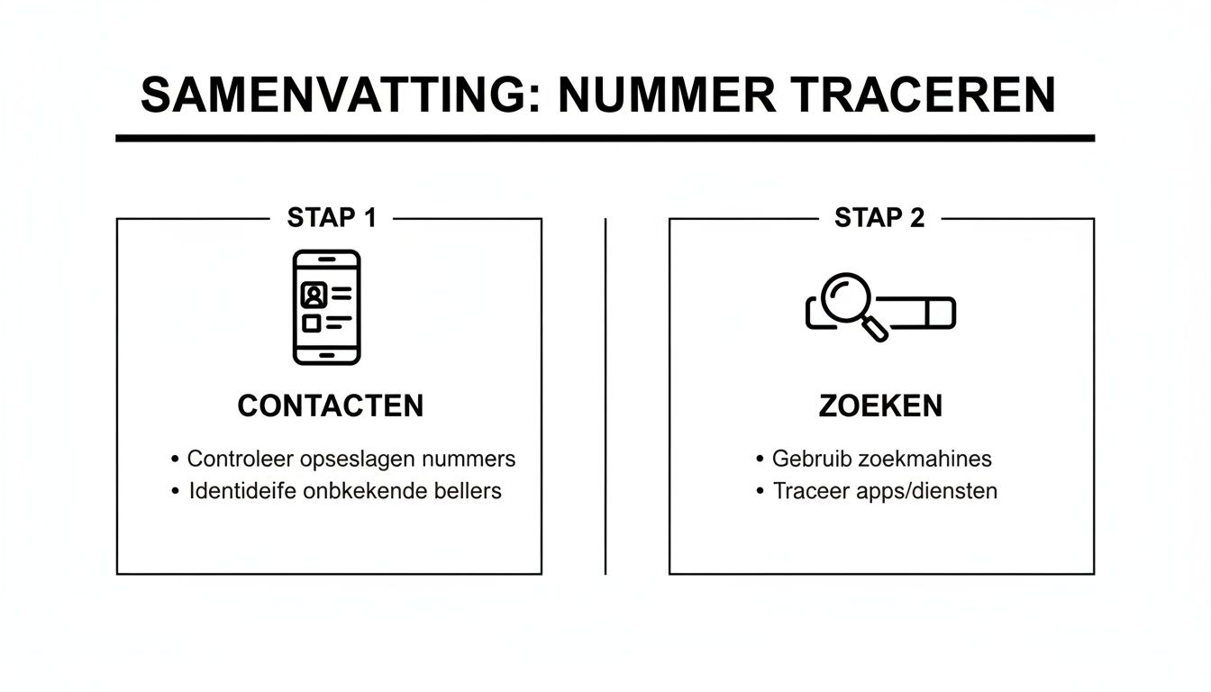 Overzicht met stappen om een nummer te traceren, inclusief contacten controleren en online zoeken.