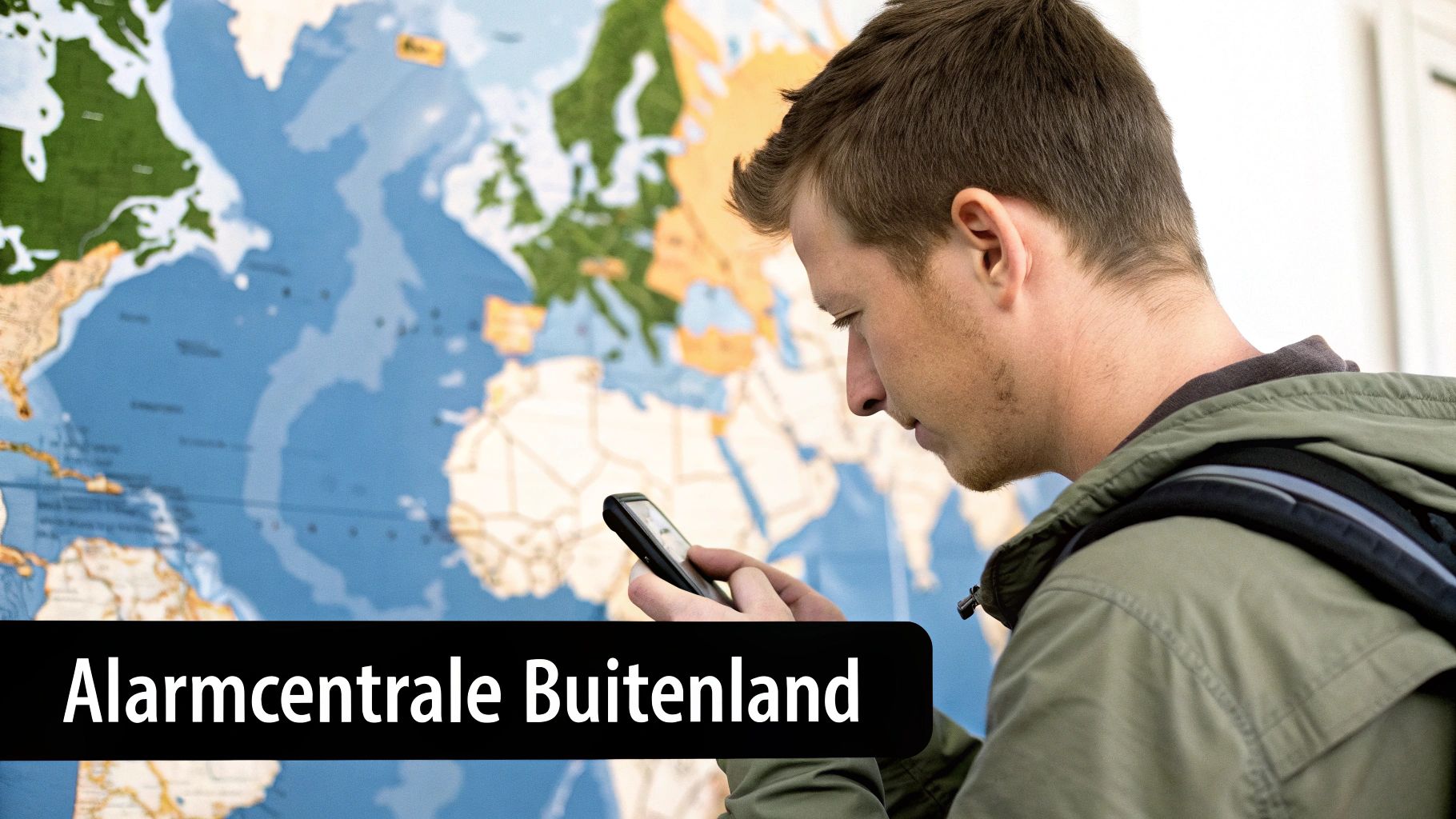 Een persoon die belt met een mobiele telefoon in het buitenland met een berglandschap op de achtergrond