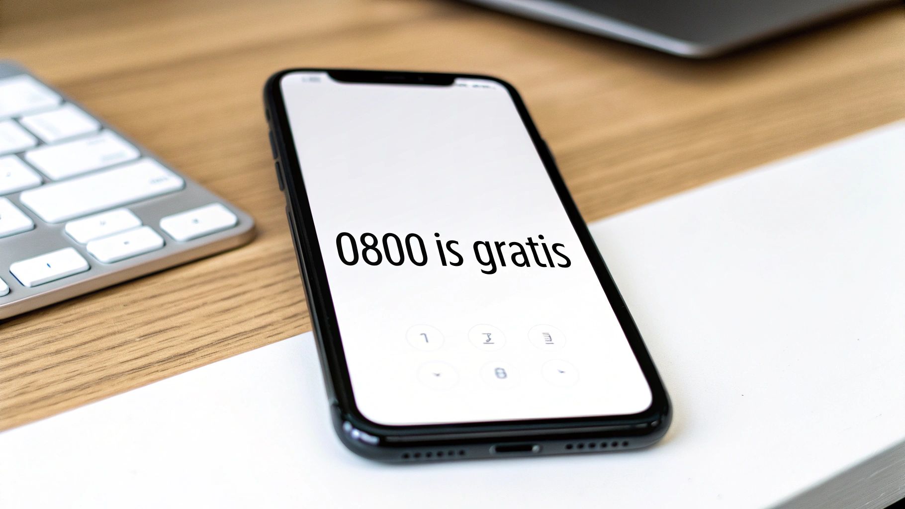 Een smartphone op een houten bureau met een toetsenbord, toont '0800 is gratis' op het scherm.