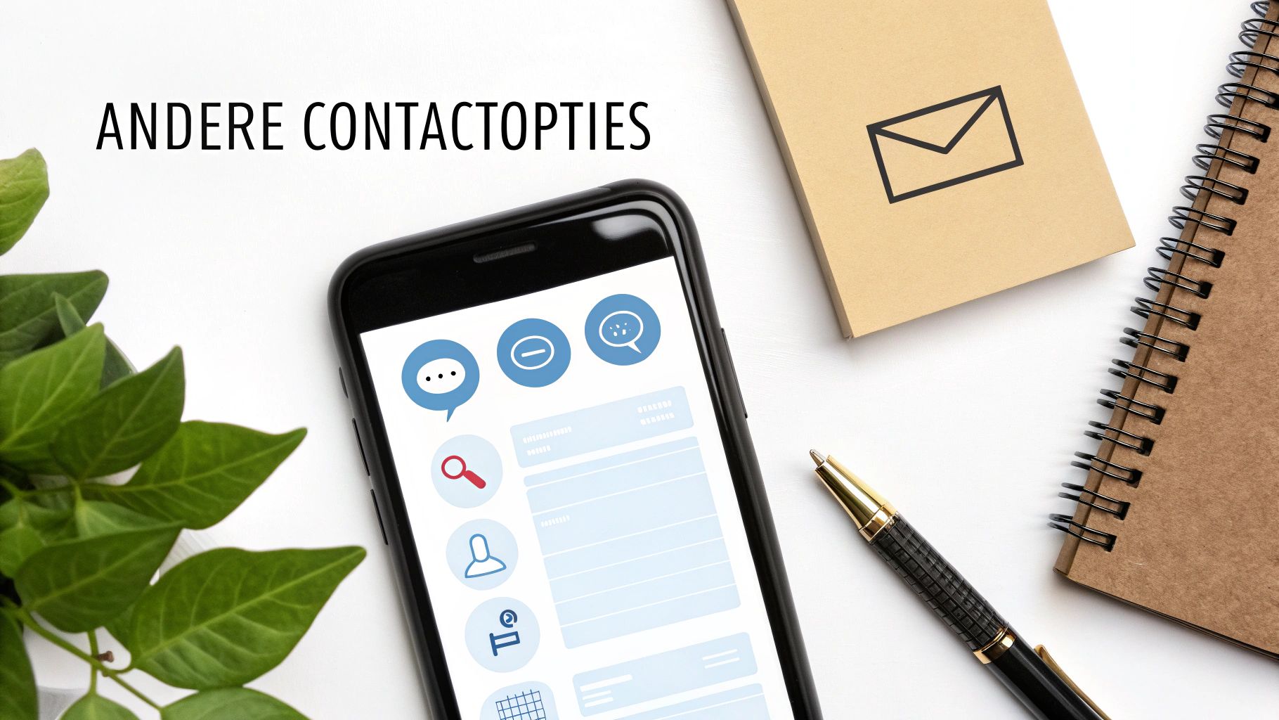 Een smartphone toont verschillende contactopties naast een notitieboek, pen en plant, met de tekst 'Andere contactopties'.