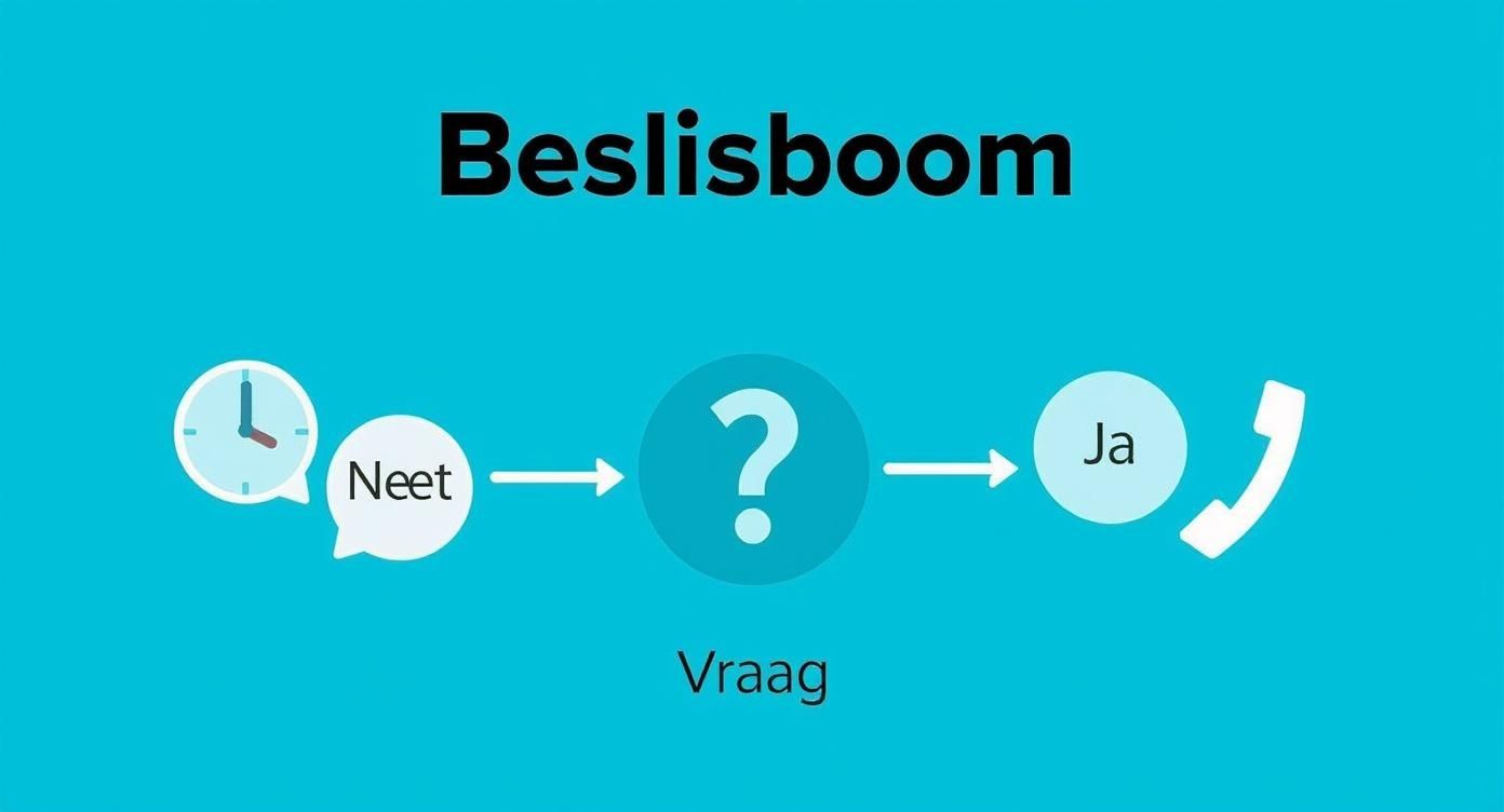 Beslisboom die laat zien wanneer het beter is om te bellen of een digitaal kanaal te gebruiken voor contact met Booking.com