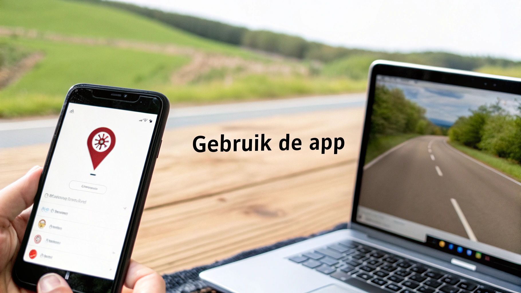 Een hand houdt een smartphone vast met een navigatie-app, naast een laptop die een openbare weg toont. De tekst luidt: 'Gebruik de app'.