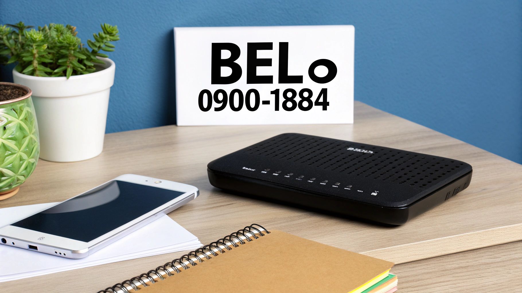 Een modem, smartphone en plant op een bureau, met een bordje 'BELo 0900-1884' op de achtergrond.