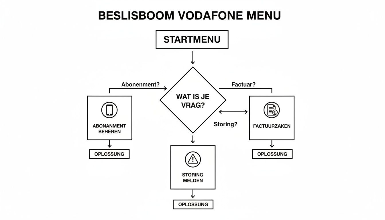 Beslisboom voor het Vodafone menu, met opties voor abonnementen, facturen en storingen, leidend naar een oplossing.