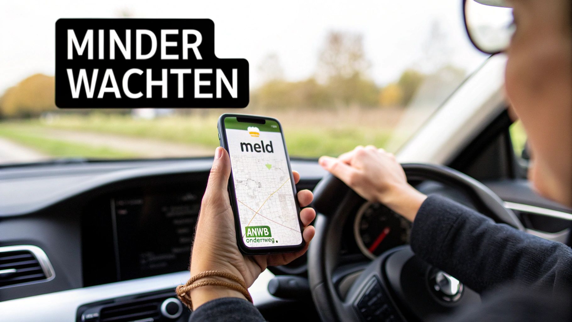 Iemand die de ANWB Onderweg app gebruikt op een smartphone om wachttijd te vermijden