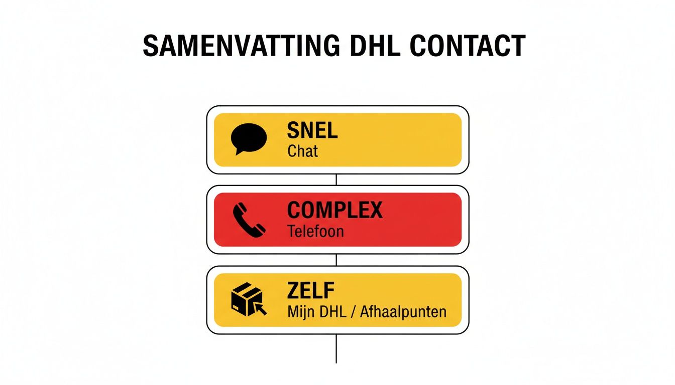 Overzicht van DHL contactopties, inclusief chat voor snelle vragen, telefoon voor complexe zaken en Mijn DHL voor zelfservice.