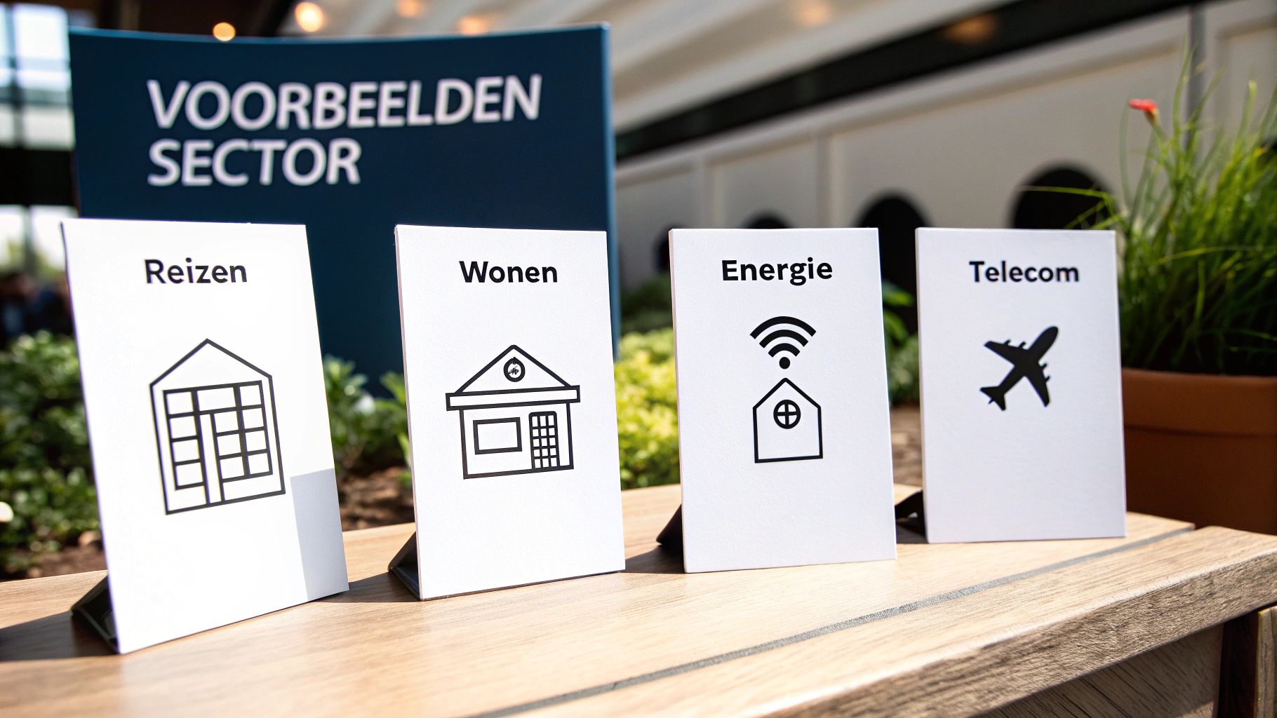 Een collage van iconen die verschillende sectoren vertegenwoordigen zoals een vliegtuig, huis, bliksemschicht en telefoon.