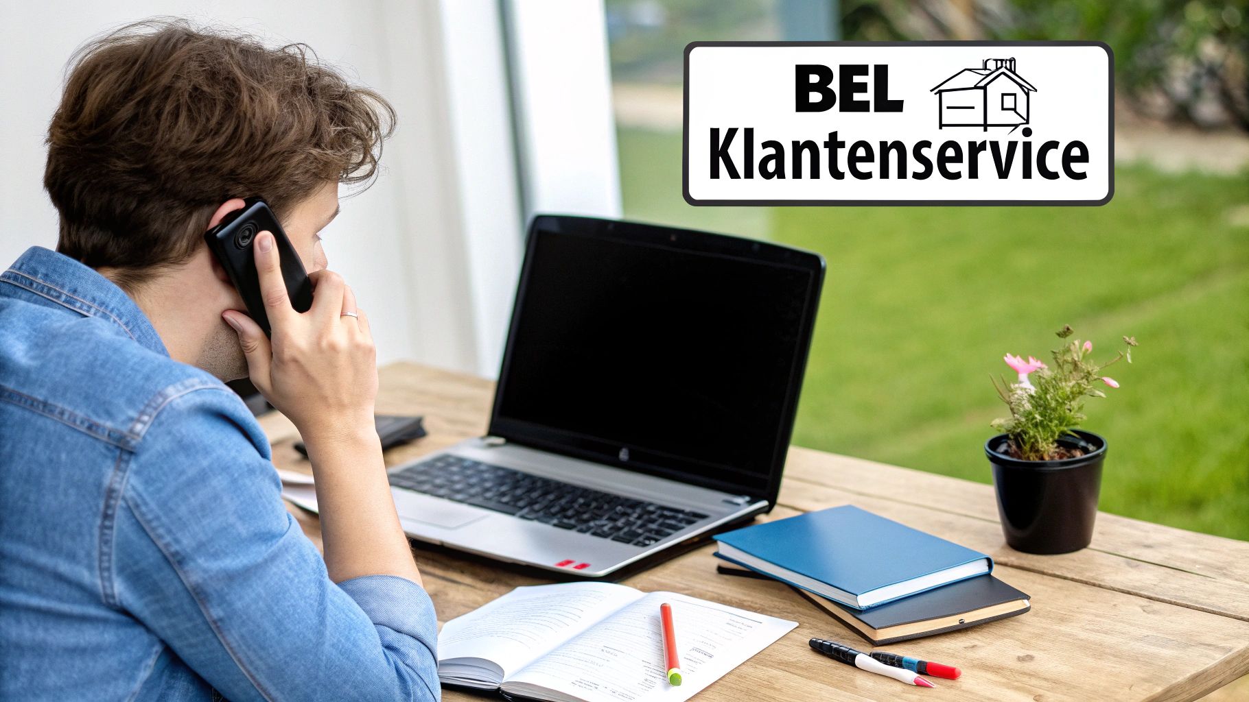Een persoon die de Ben klantenservice belt met een smartphone