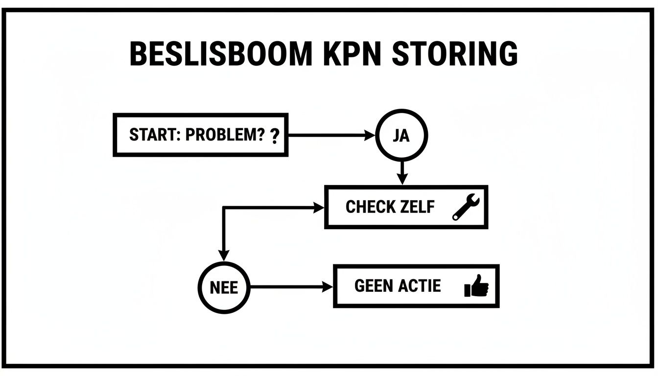 Beslisboom flowchart voor KPN storingen: van 'Probleem?' naar 'Check Zelf' of 'Geen Actie'.