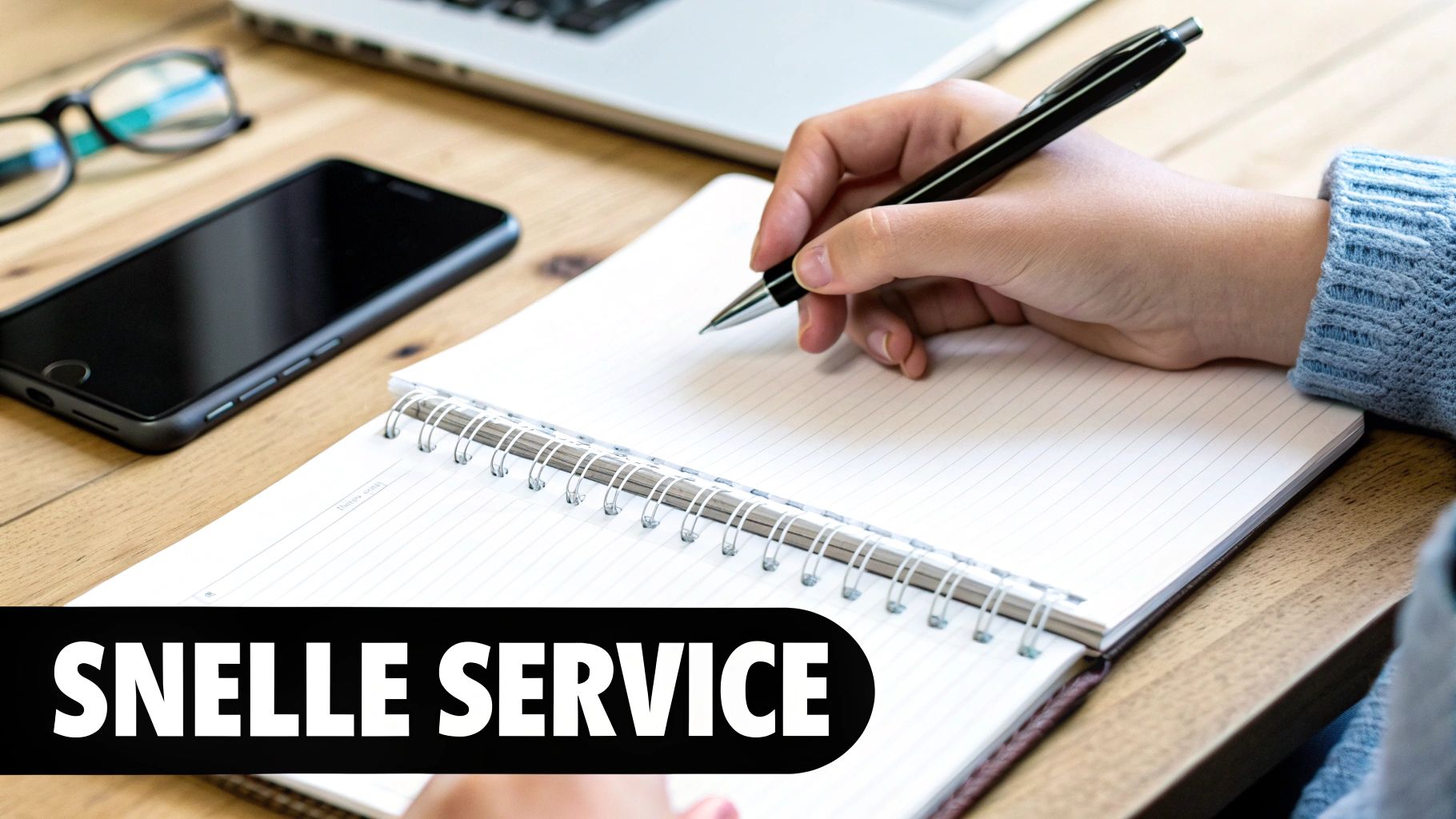 Een persoon schrijft in een notitieboekje met een pen op een houten bureau, naast een smartphone, bril en laptop. Overlay tekst: SNELLE SERVICE.