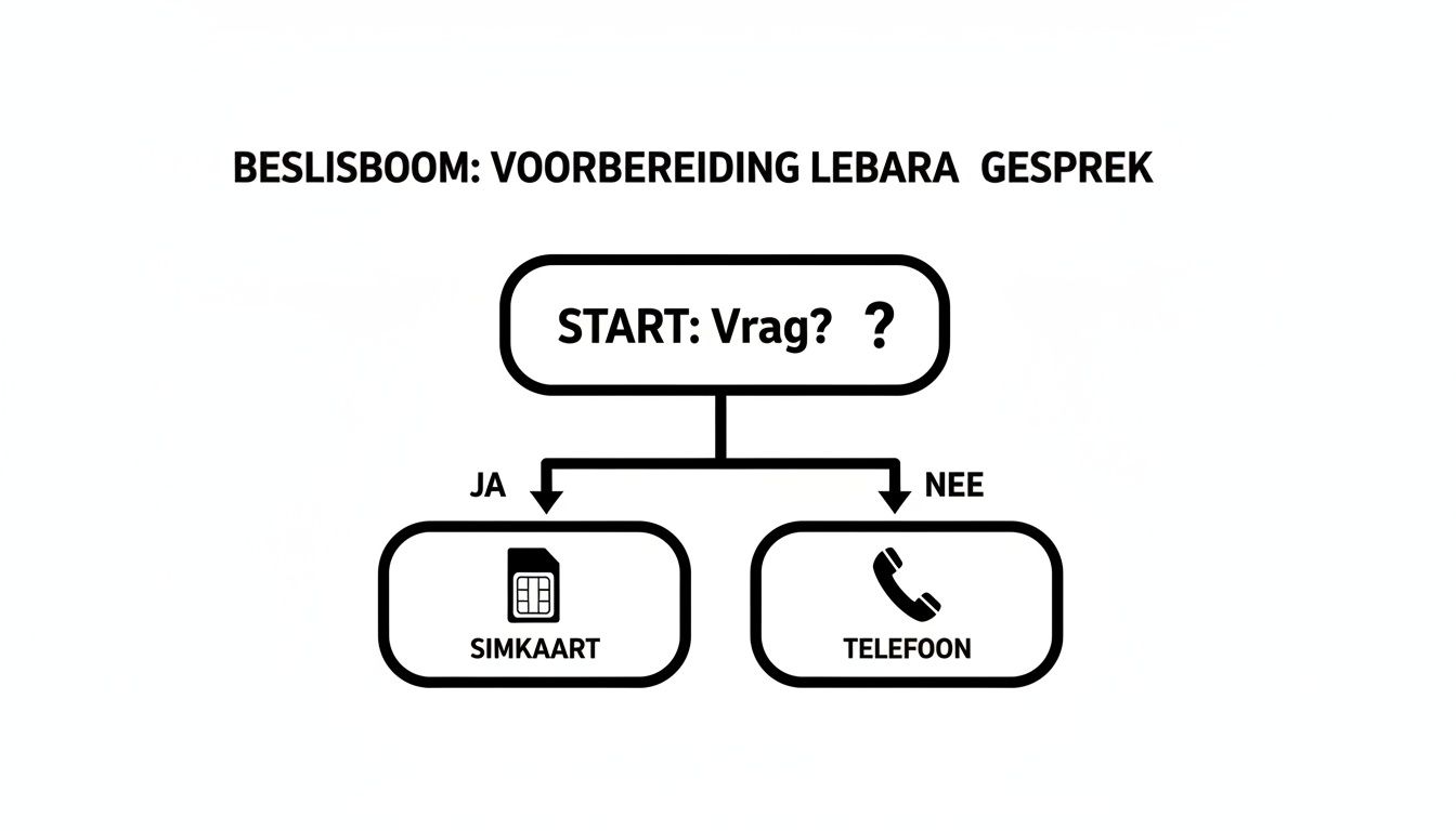 Een beslisboom over de voorbereiding van een Lebara gesprek, met keuzes tussen simkaart en telefoon.