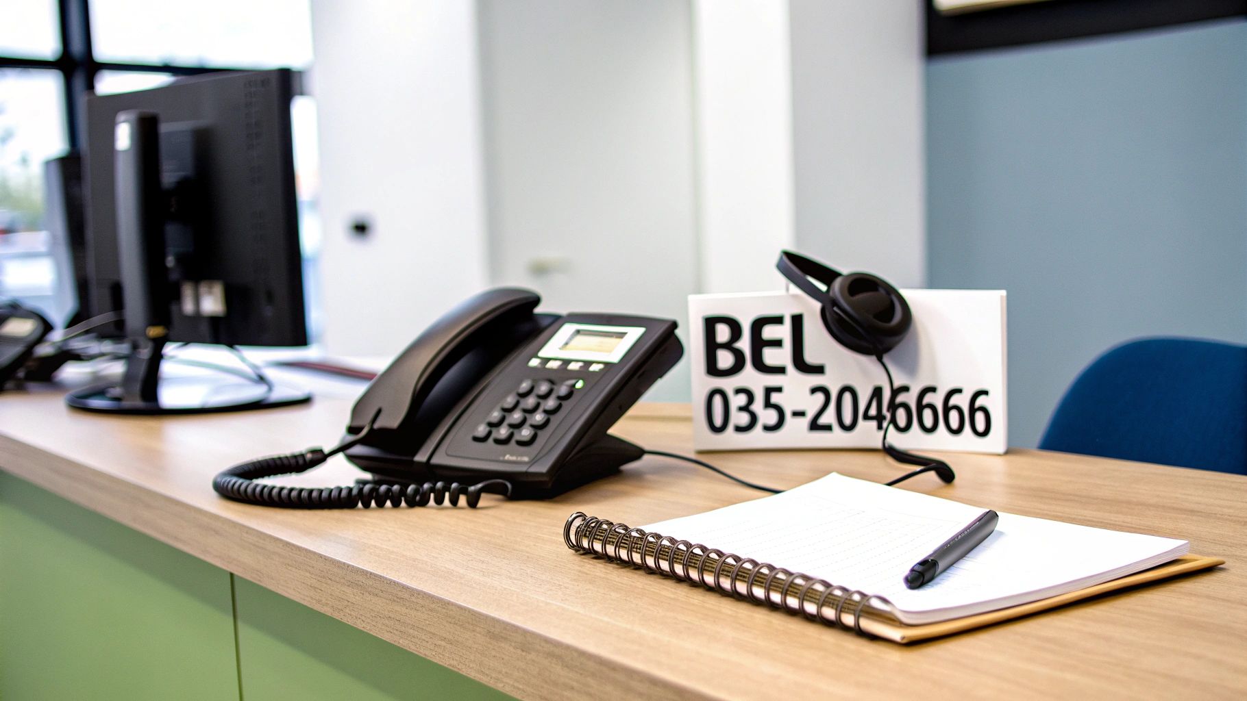 Bureau met zwarte telefoon, koptelefoon, notitieboekje en een bordje met telefoonnummer 035-204666.