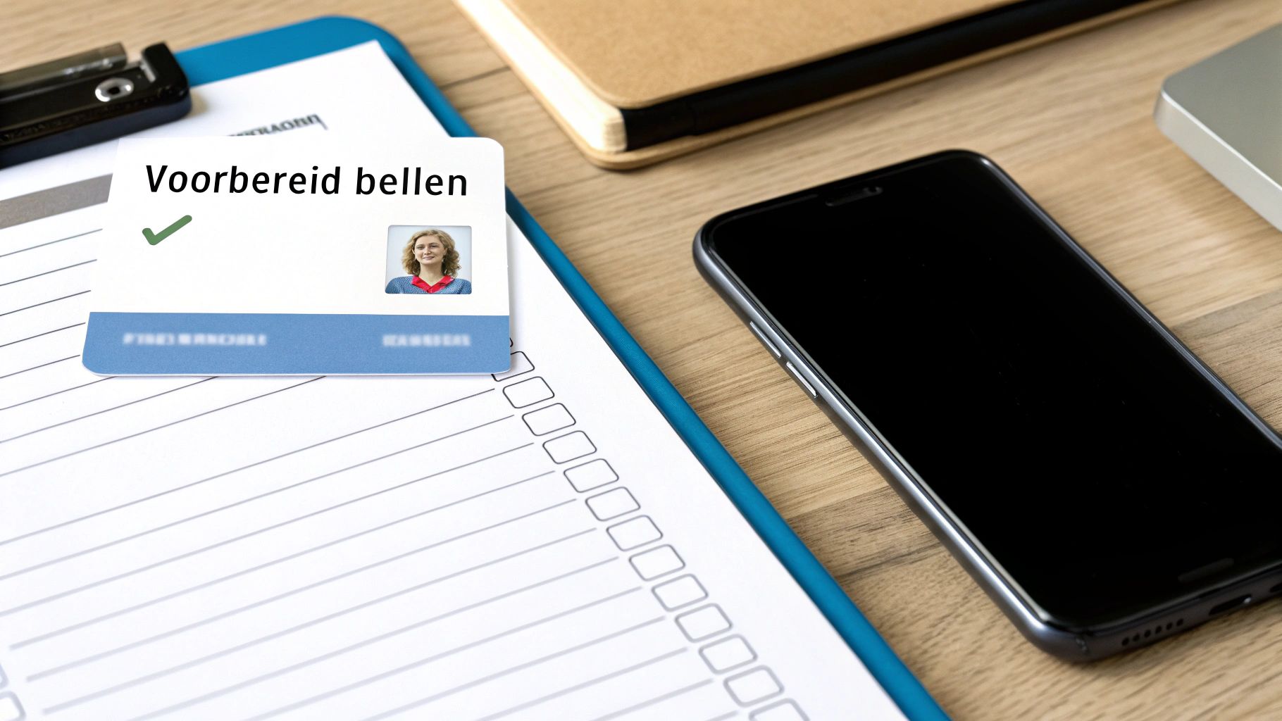 Een bureau met een telefoon, checklist en een kaartje 'Voorbereid bellen' met een vrouw.