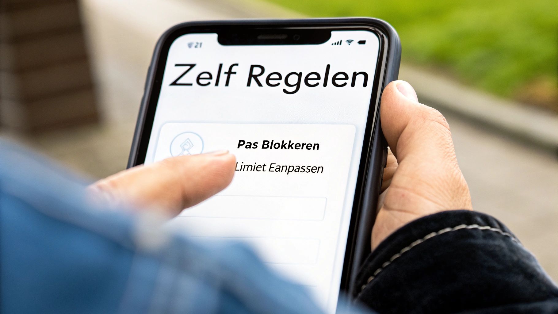 Hand navigeert op smartphone in een app met opties zoals 'Pas Blokkeren' en 'Limiet Aanpassen'.