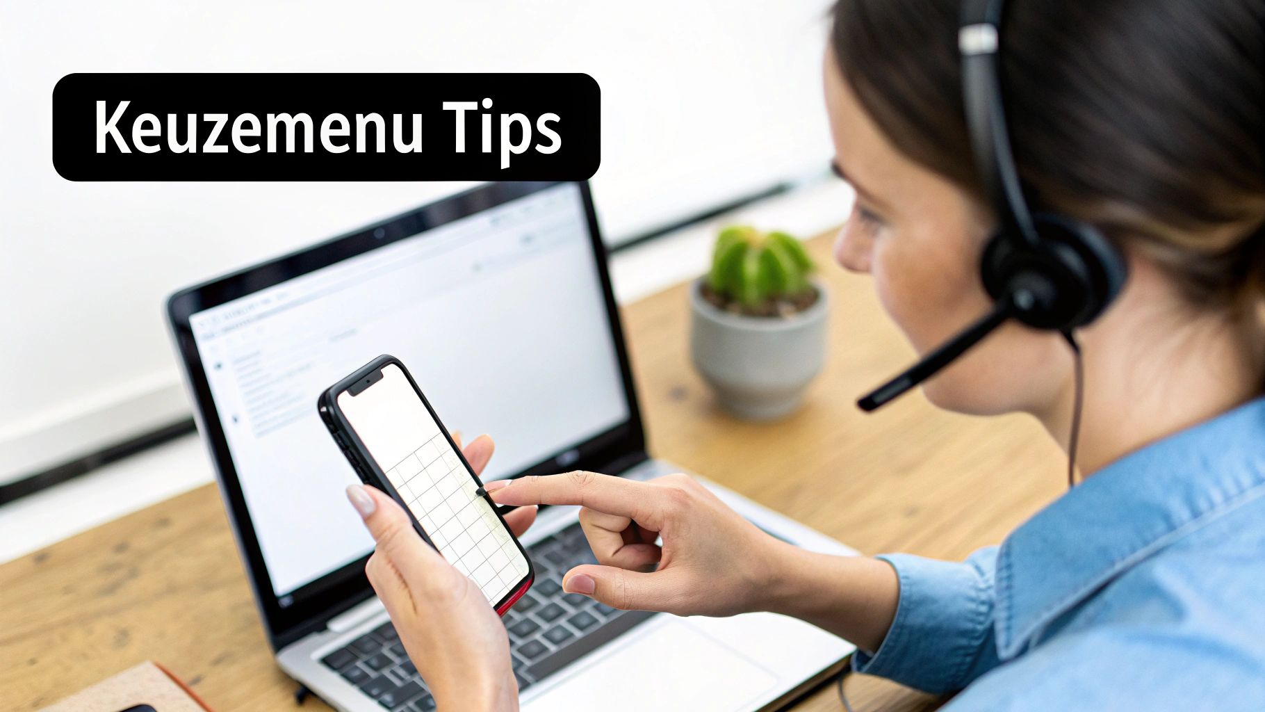Een klantenservicemedewerker met headset werkt aan een laptop en bedient een smartphone, met 'Keuzemenu Tips' tekst.