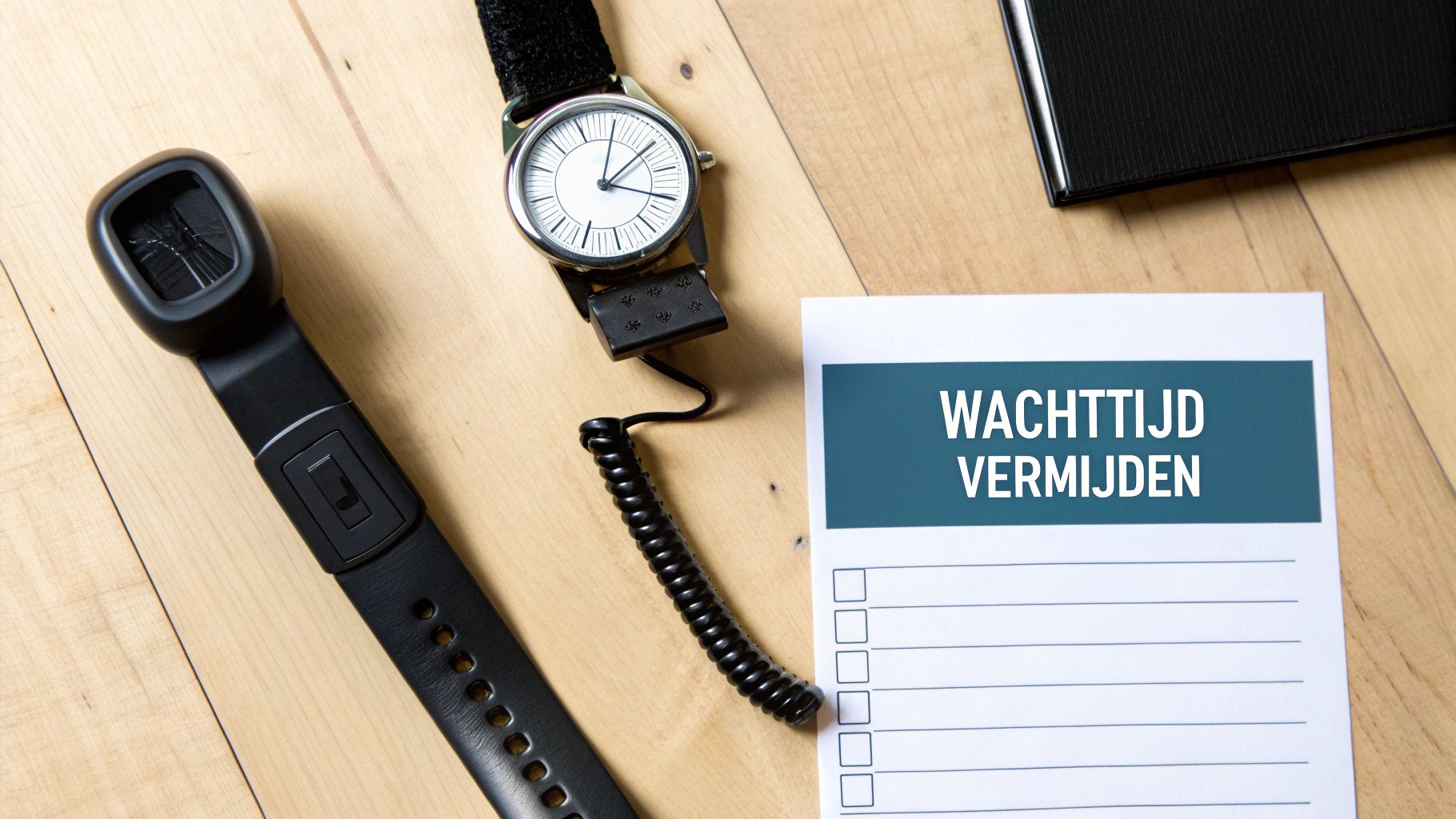 Een persoon die ontspannen belt terwijl hij naar een klok kijkt, wat efficiënt tijdbeheer symboliseert.