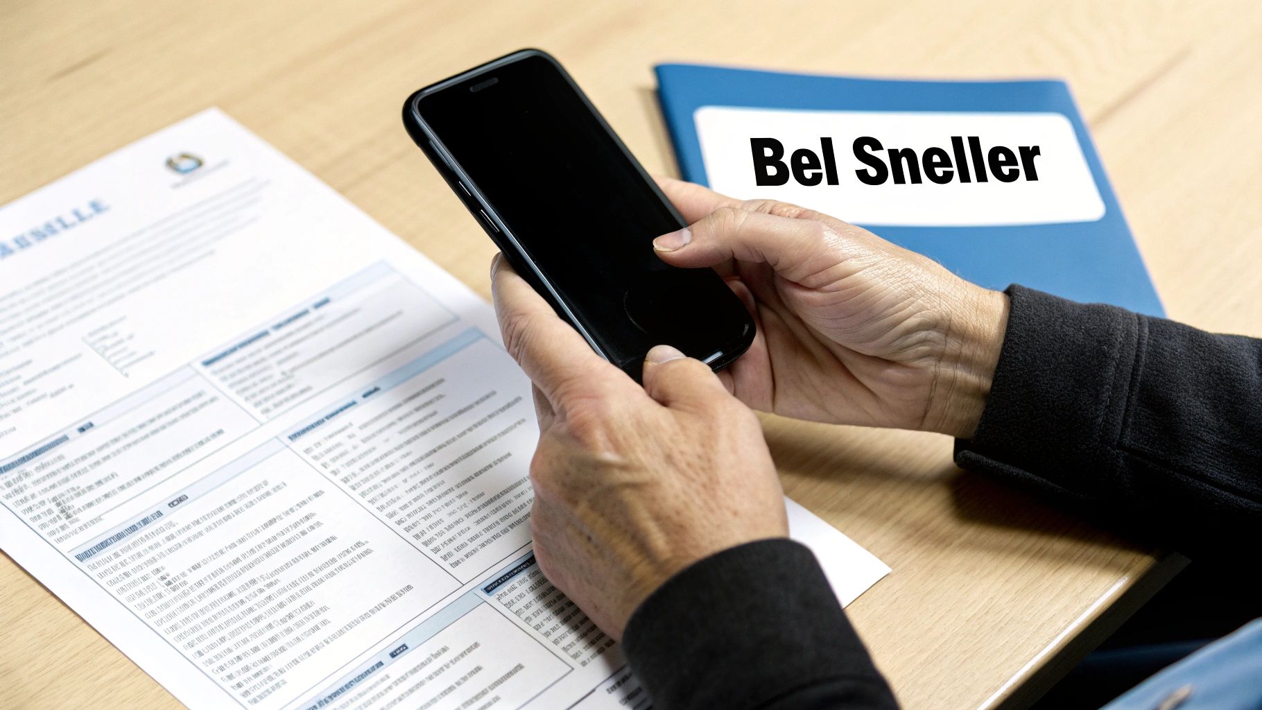 Handen houden een smartphone vast boven een bureau met documenten en een blauwe map met 'Bel Sneller'.