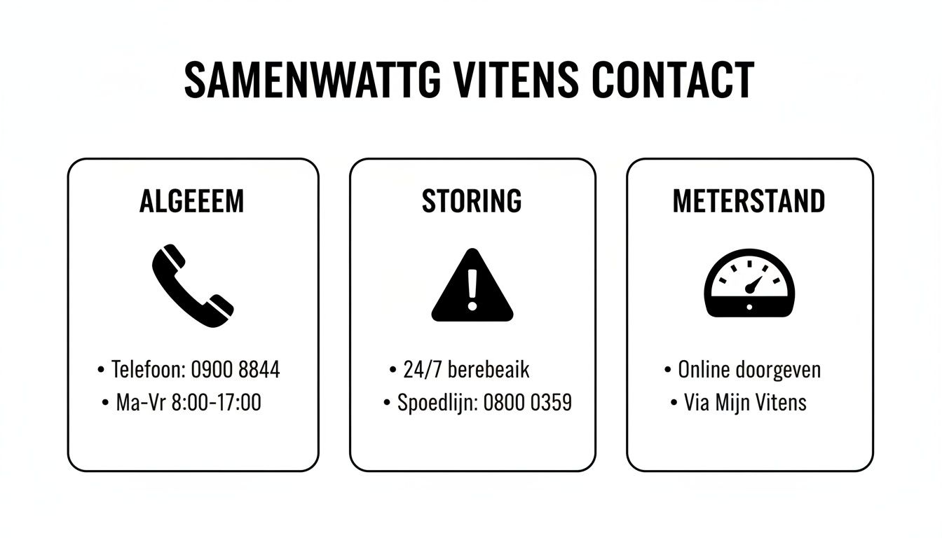 Overzicht van Vitens contactmogelijkheden: algemeen, storingen en meterstanden doorgeven.