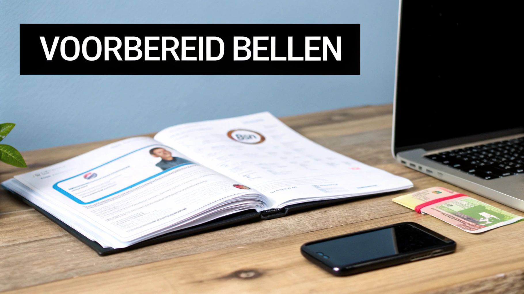 Een bureau met een open map, laptop, telefoon en kaarten, onder de tekst Voorbereid bellen.