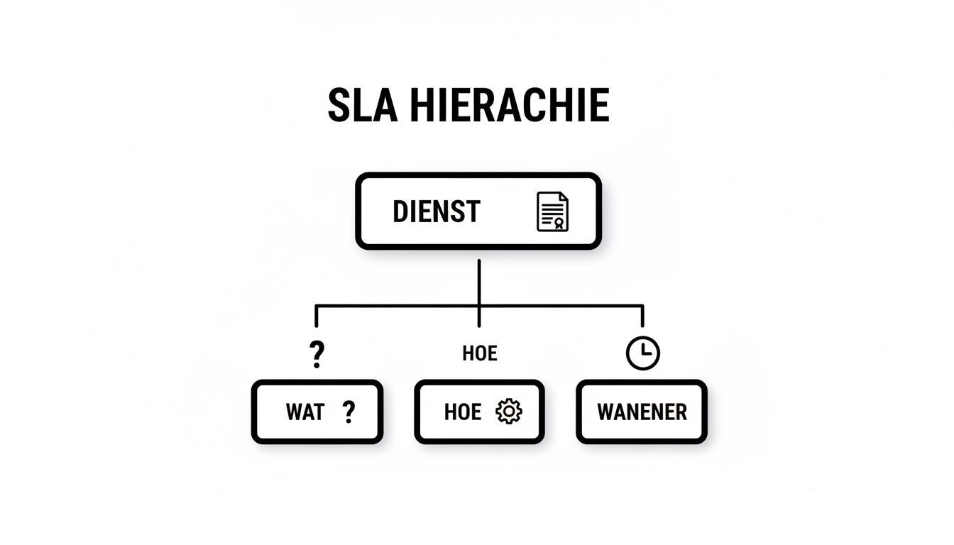 Een diagram van de SLA hiërarchie, beginnend met 'Dienst' en vertakkend naar 'Wat?', 'Hoe' en 'Wanneer'.