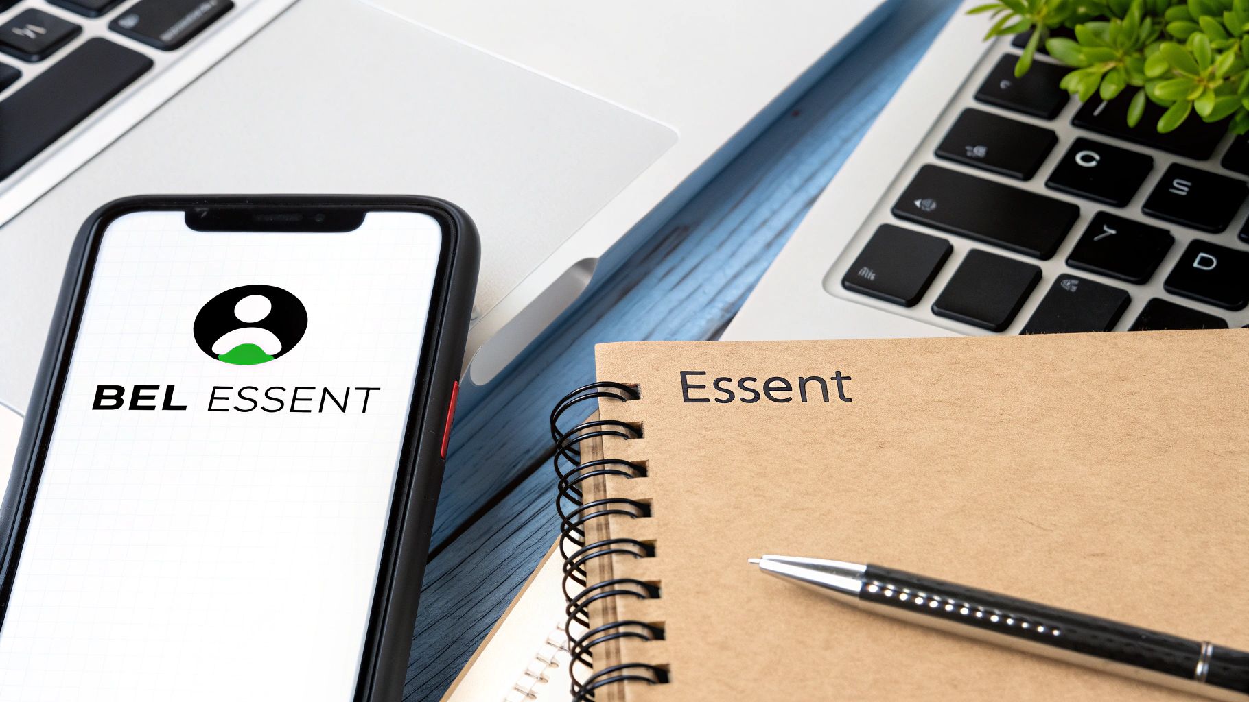 Smartphone met 'BEL ESSENT' app, laptop en notitieboekje met 'Essent' logo op een bureau.