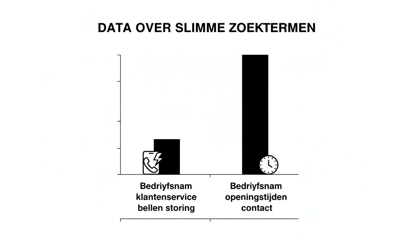 Een staafdiagram toont zoektermen voor bedrijfsnaam openingstijden veel populairder dan bellen storingen.