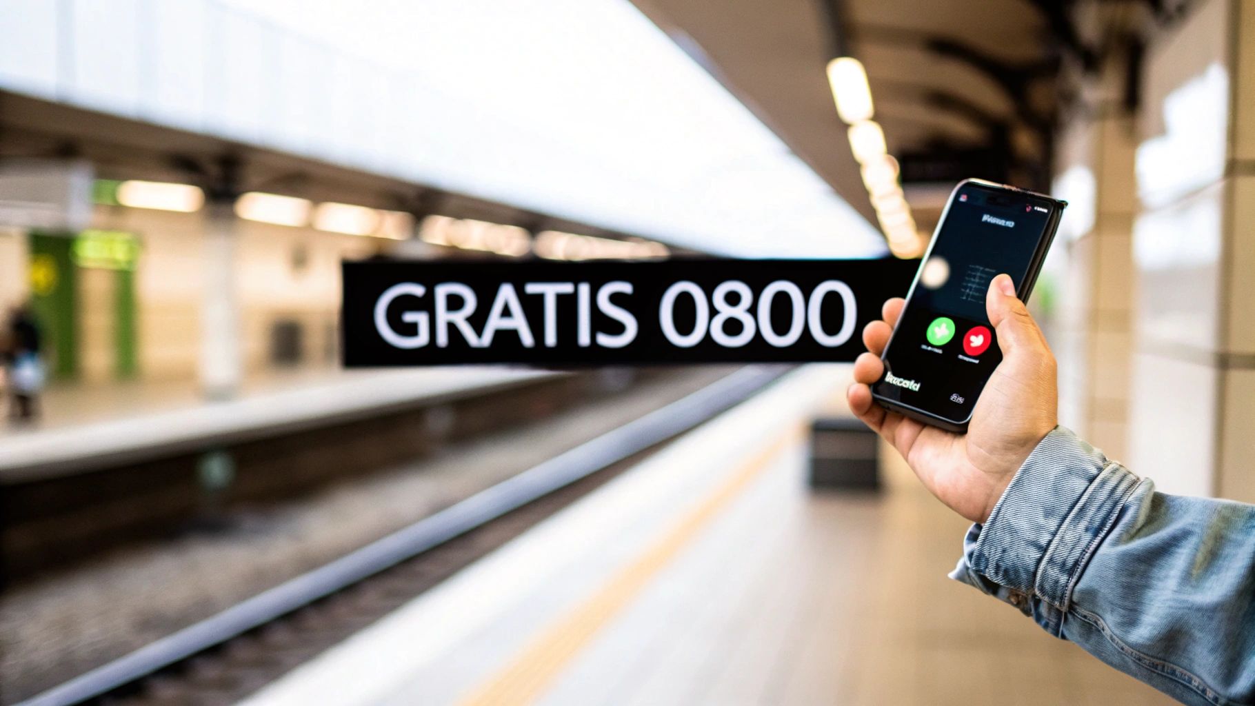 Een hand houdt een smartphone vast voor een bord met 'GRATIS 0800' op een treinstation.