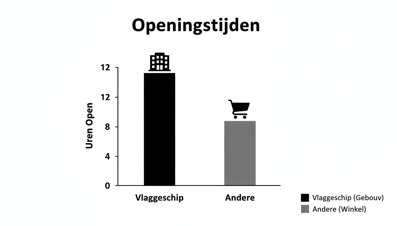 Staafdiagram 'Openingstijden' toont dat vlaggenschepen langer open zijn dan andere winkels.