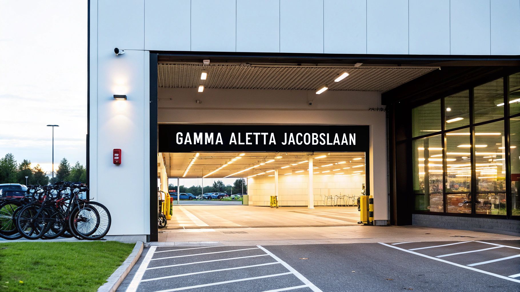 Ingang van een Gamma bouwmarkt aan de Aletta Jacobslaan, met fietsenrek, parkeerplaats en verlichting.