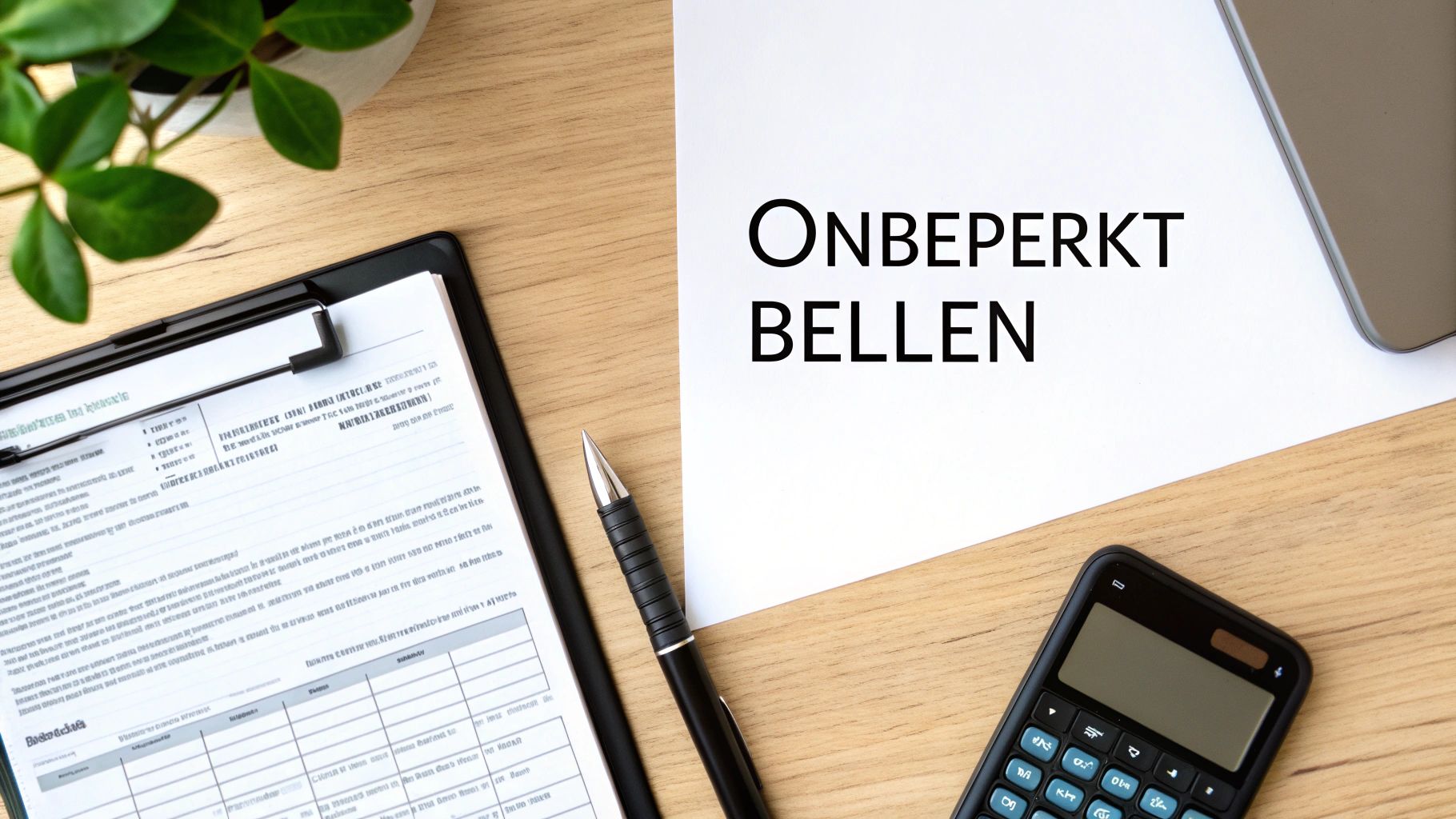 Bureau-flatlay met documenten, pen, rekenmachine, plant en papier met 'ONBEPERKT BELLEN'.