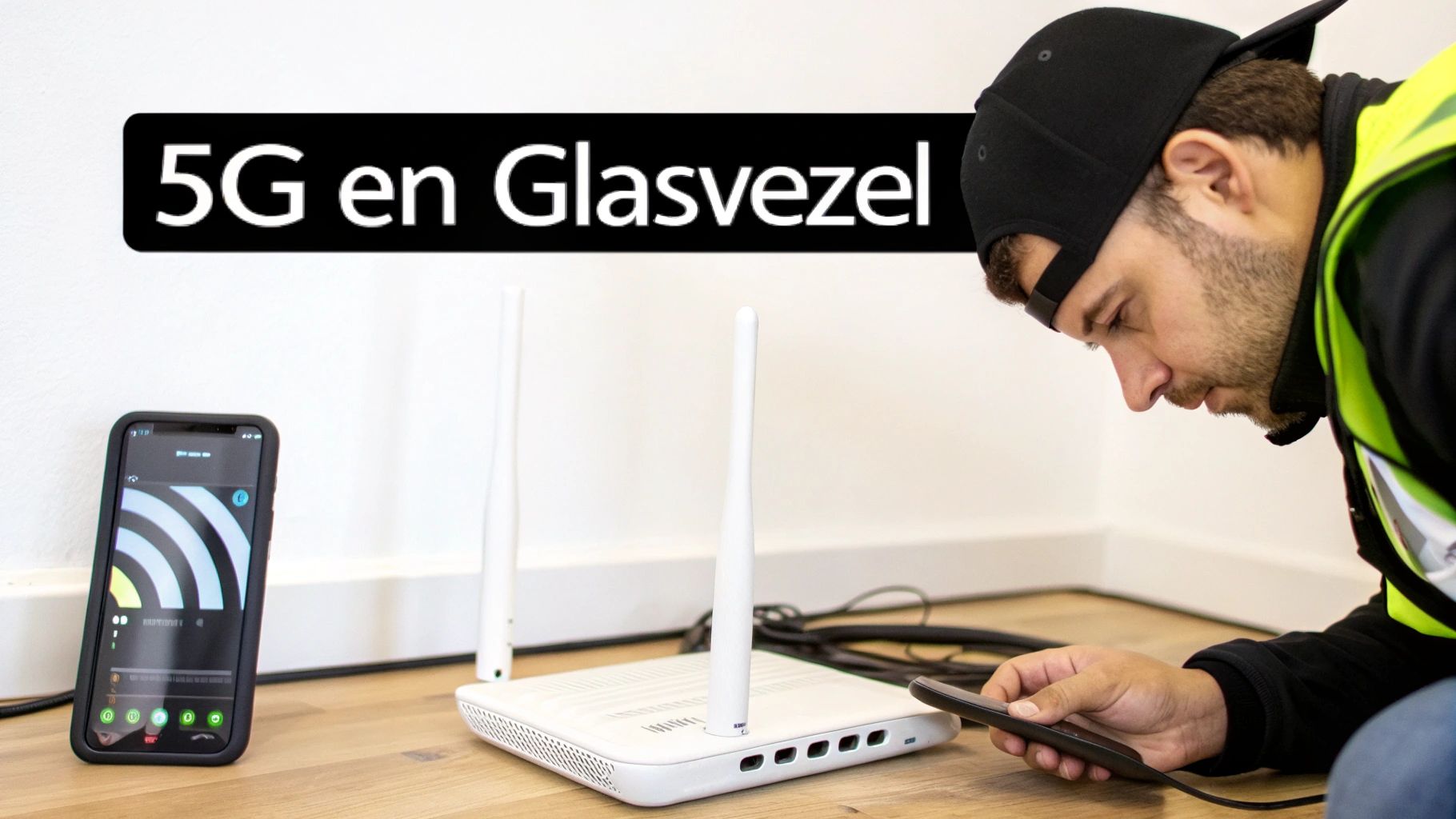 Man installeert router, smartphone toont netwerksignalen, met tekstbalk '5G en Glasvezel'.